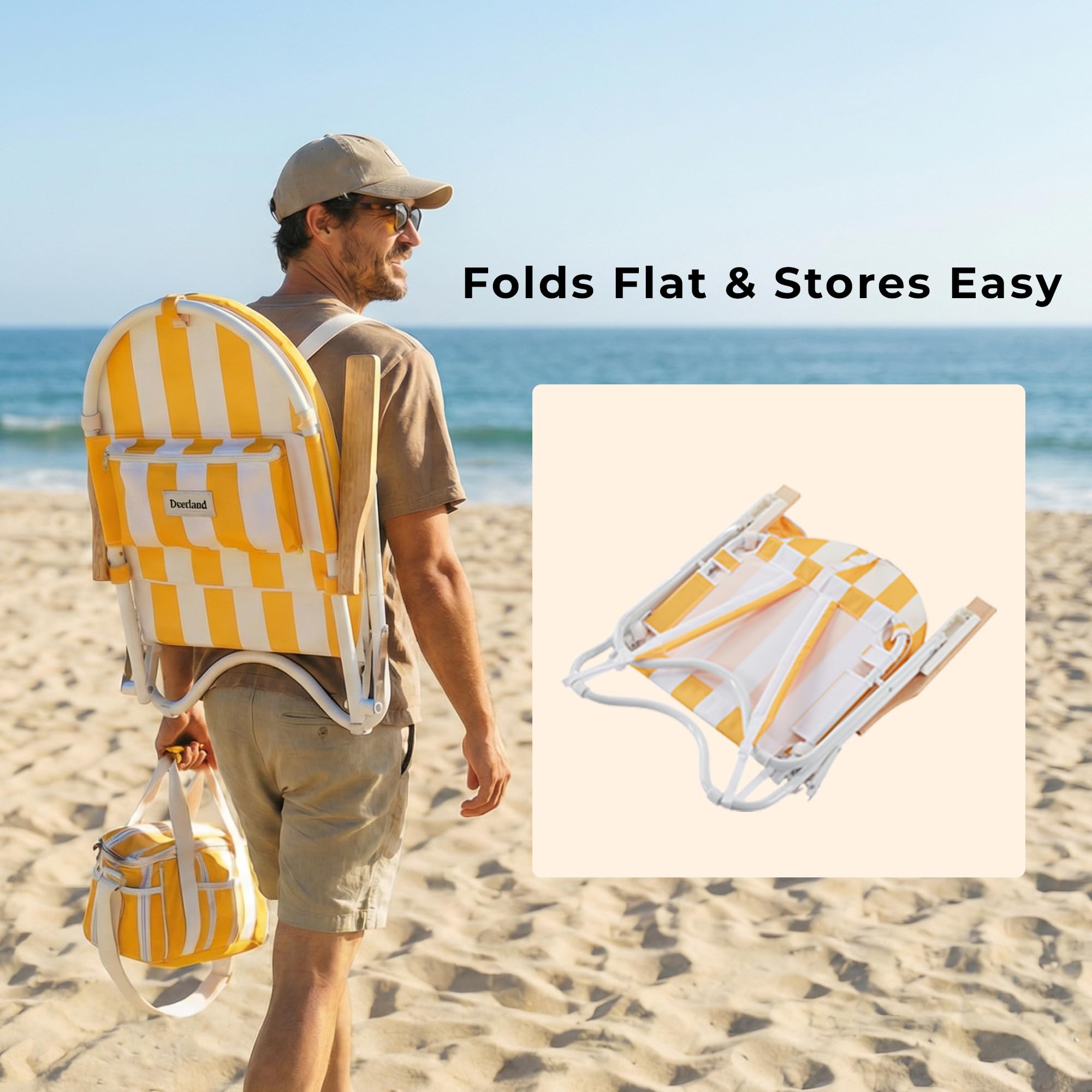 Padded Low Beach Chair, 4-Position Folding Outdoor Chair with Wooden Armrests, Cushioned Seat, Storage Pouch & Carry Strap for Beach, Patio and Lawn, Cala Serena Ochre Stripe