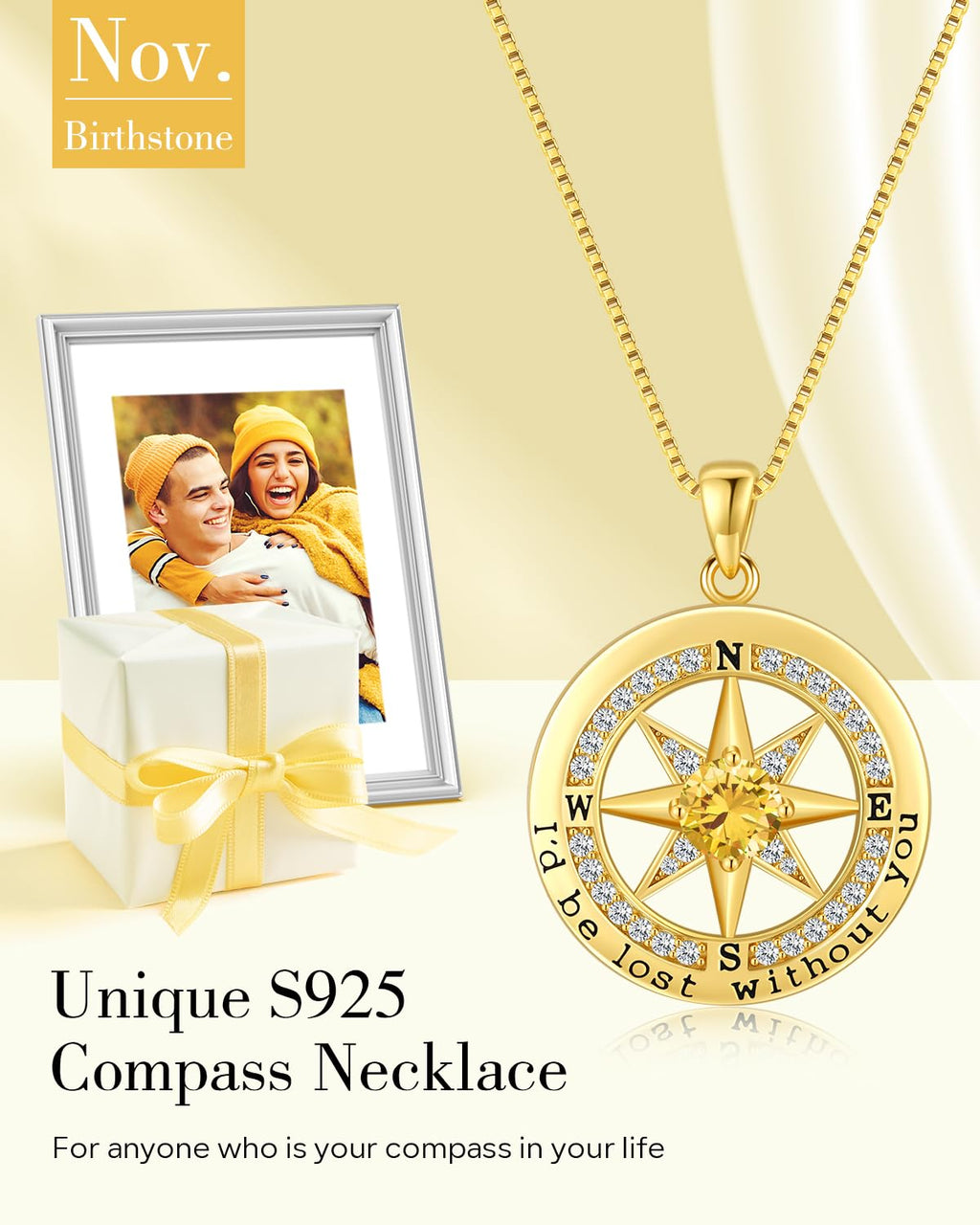 S925 Necklace Gift for Wife |Compass Jewelry |Women Anniversary |Sterling Silver |Girlfriend Birthday Gifts for Her Valentines |I'd be Lost without You |Jewel 18K Gold