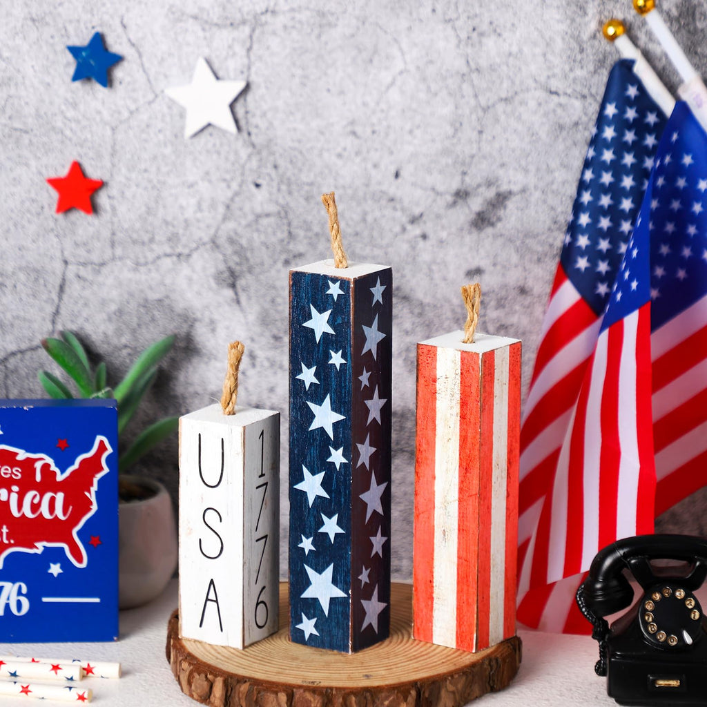 Amyhill 3 Pcs 4th of July Decorations Set Wooden Patriotic Table Centerpieces Independence Day Wood Firework Fourth of July Table Signs for 250th Anniversary Home Farmhouse Decor (Flag)