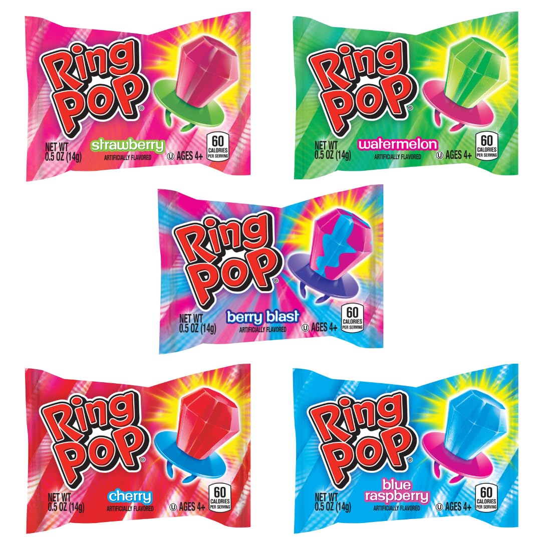 Ring Pop Lollipops - Bulk Candy Individually Wrapped Suckers Variety Party Pack- 50 Count w/Assorted Flavors - Hard Candy for Party Favors, Kids & Goodie Bags, 25 Ounce