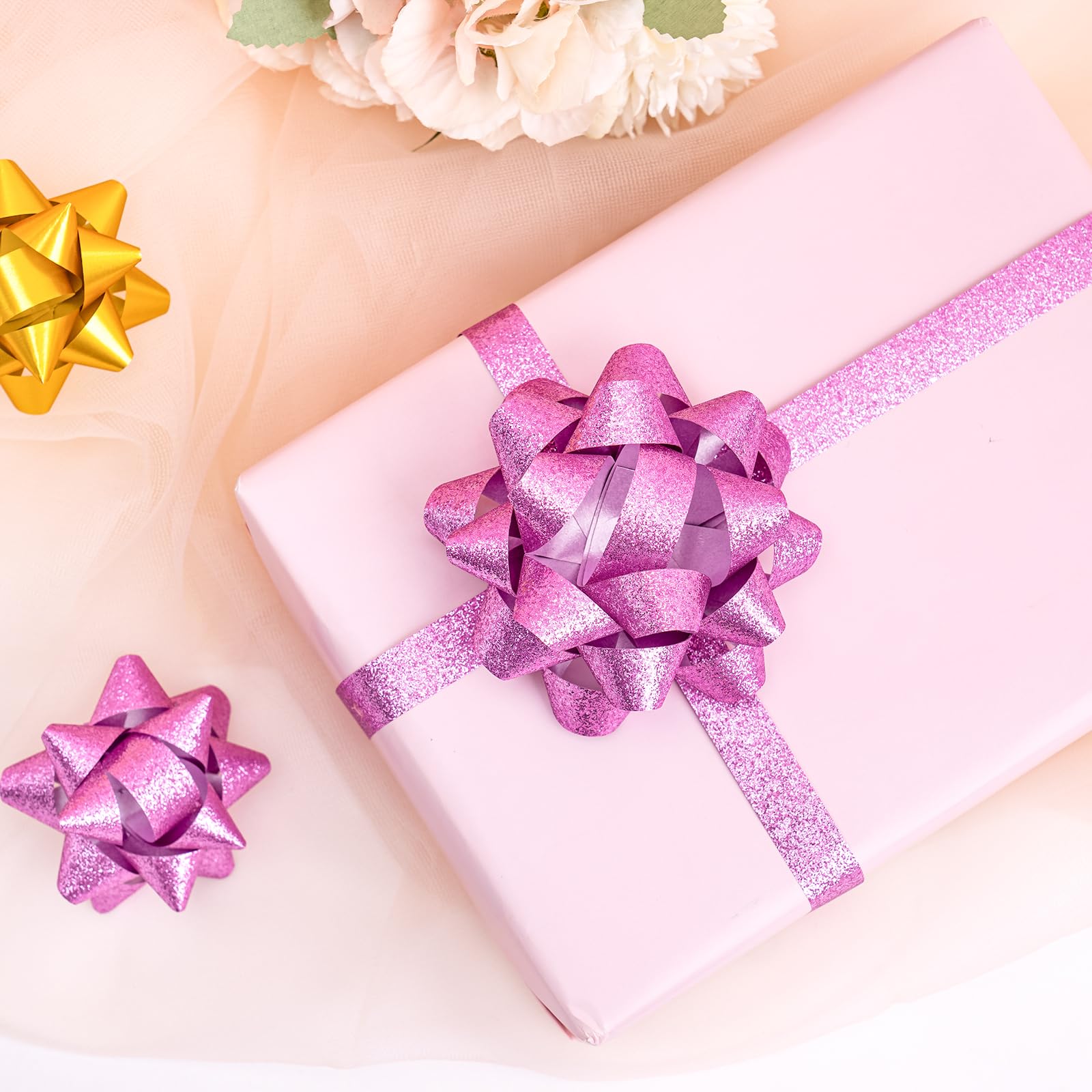 WRAPAHOLIC 14 Pcs Gift Bows Assortment - 12 Multi Colored Assorted Size Gift Bows (Purple, Pink, White, Rose Gold, Silver) and 2 Crimped Curling Ribbons, Perfect for Christmas, Holiday, Party
