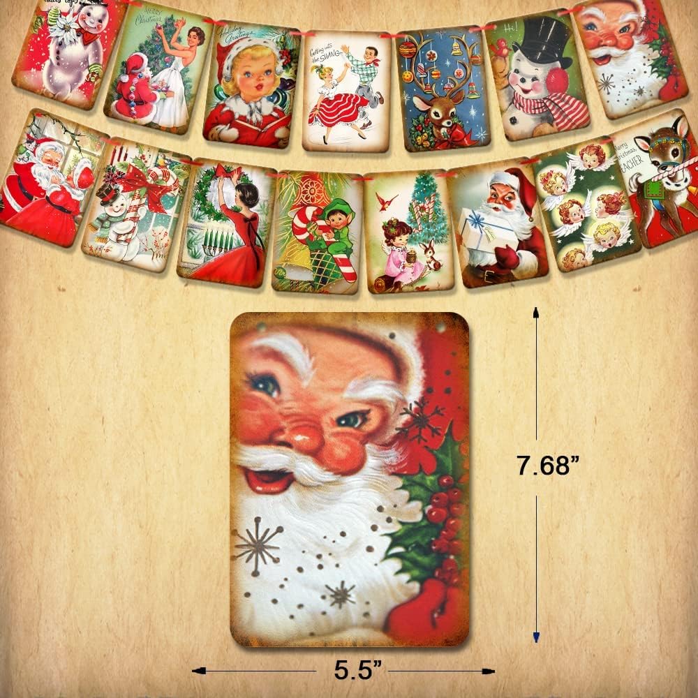 Christmas Decorations Vintage Style Christmas Banner,Traditional Victorian X-mas Bunting, Vintage Style Santa X-mas Decorations Indoor for Home Office Party Fireplace Mantle