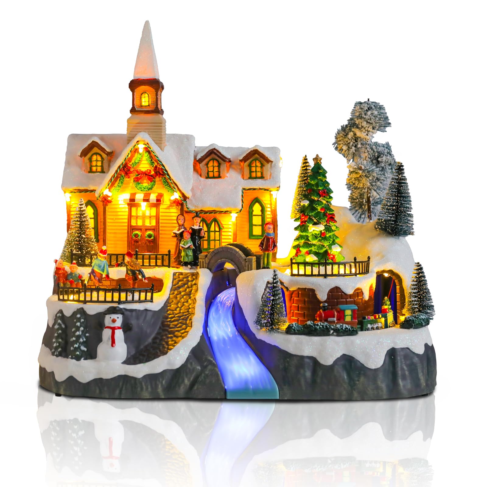 Christmas Village House Musical Christmas Collectible Buildings Church Train Snowman Children Skating with LED Lights Vacation Village with USB Indoor Figurines Indoor Tabletop Decoration