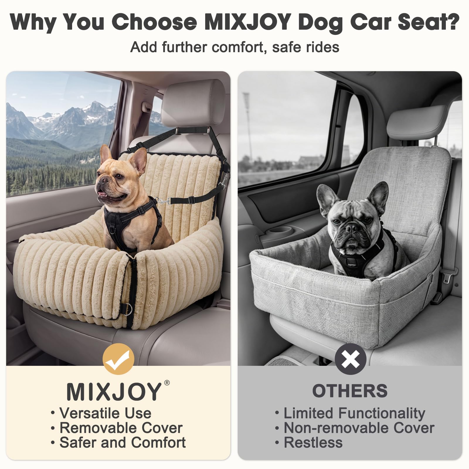 MIXJOY 6-in-1 Dog Car Seat for Small/Medium Dogs up to 25 lbs, Multi-Functional Dog Carrier for Car with Detachable Washable Cover, Pet Travel Bed with Clip-On Safety Leash, Beige