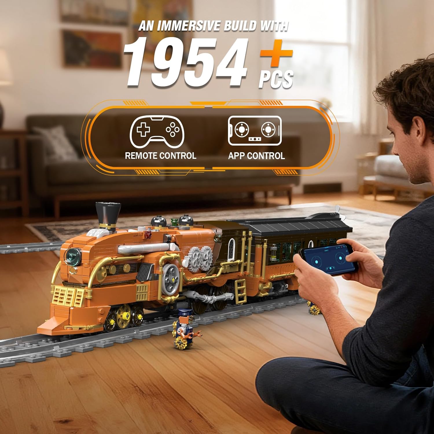 Mould King 12046 Steampunk Train Building Set, Remote/App Control Locomotive Model Kit with Tracks, Engineering Building Kit for Adults Teen(1954 PCS)
