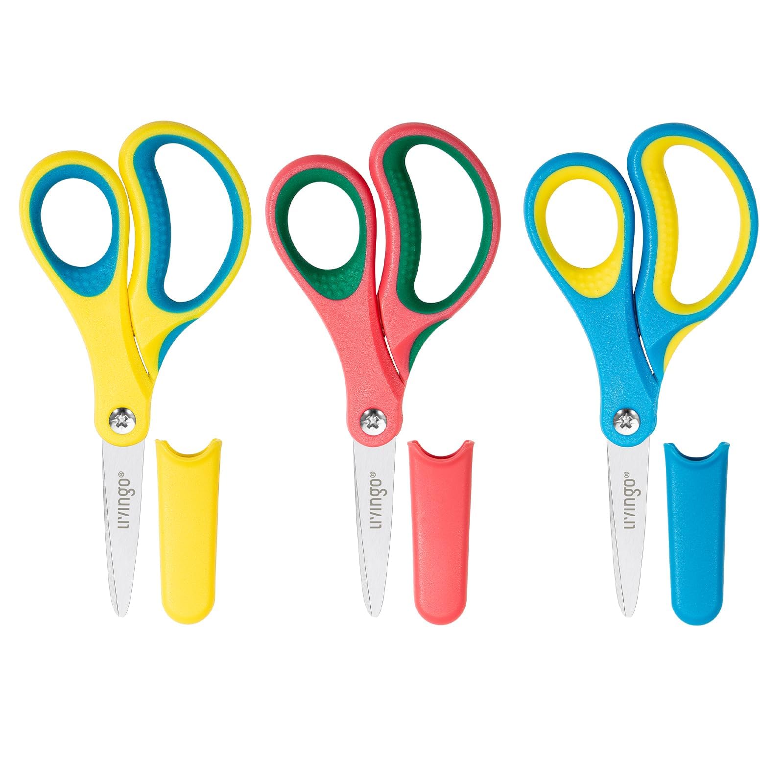 LIVINGO 5" Small School Student Blunt Kids Craft Scissors, Sharp Stainless Steel Blades Safety Comfort Grip for Children Cutting Paper, Assorted Color, 3 Pack