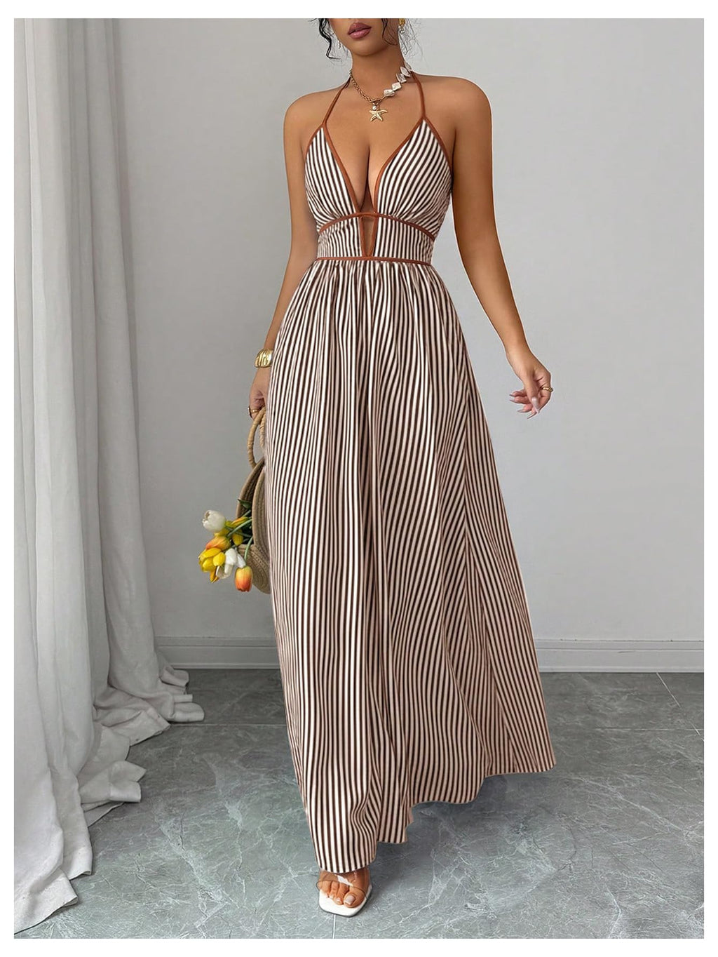 Floerns Women's Striped Halter Maxi Dress Backless Smocked Beach Vacation Boho Dress
