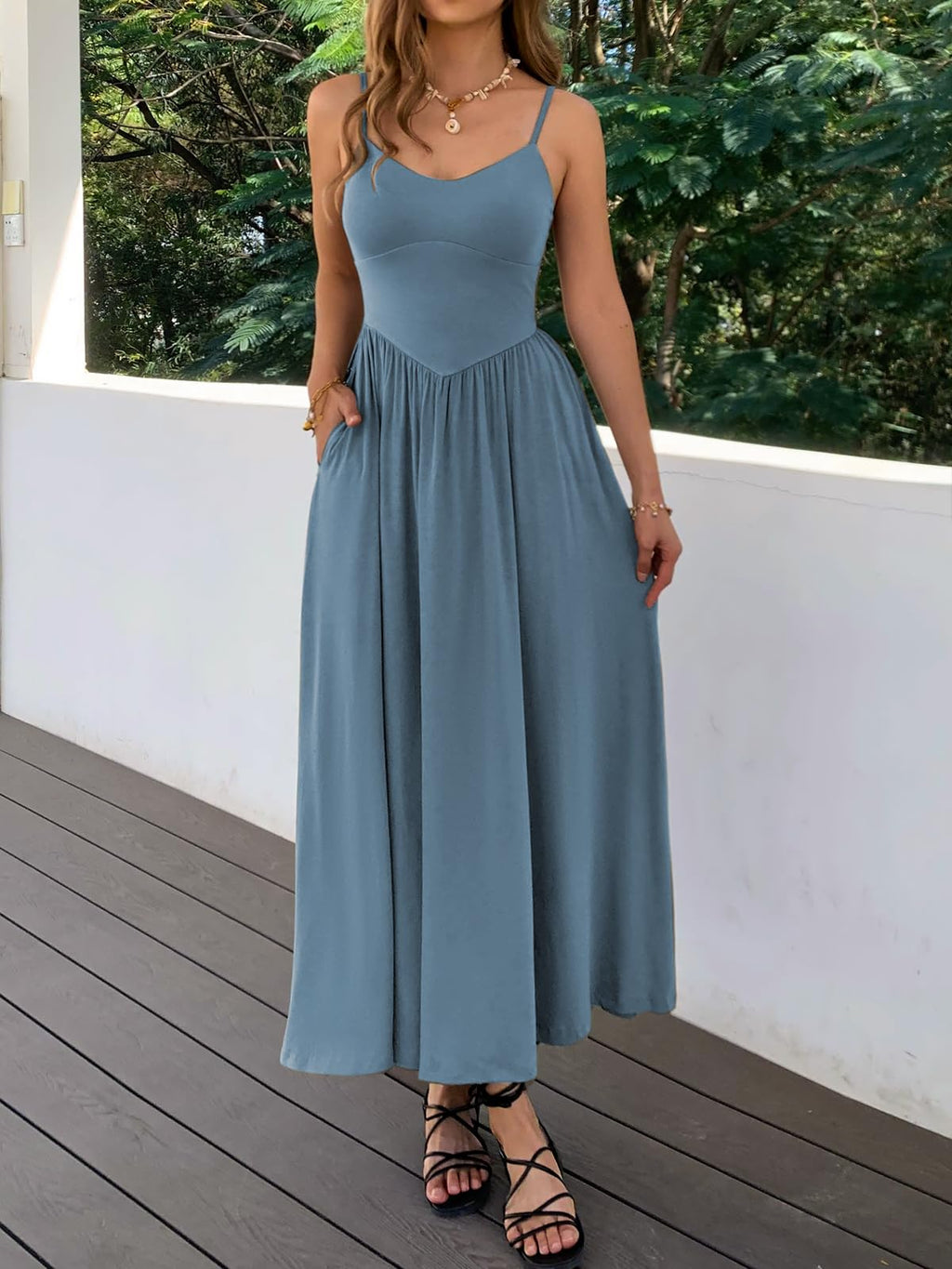 Womens Spaghetti Strap Maxi Dresses Summer Casual Sleeveless A Line Long Flowy Dress with Pockets Beach Sundresses