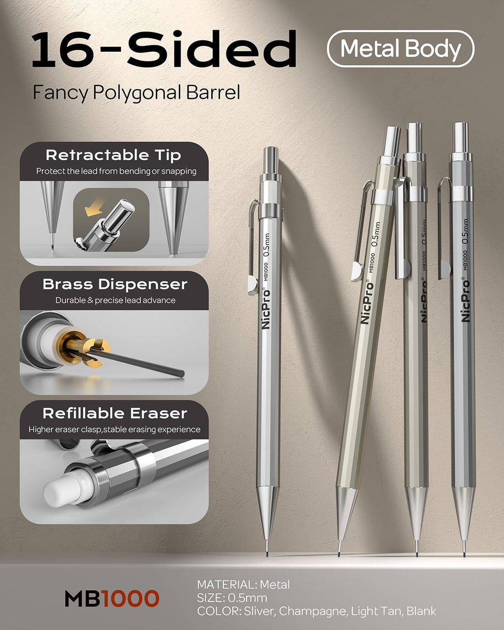 Nicpro 4 Pack Mechanical Pencil 0.7mm with Case, MB1000 Metal Mechanical Pencil Set with 6 Tube HB #2 Lead Refill 0.7 mm, 3PCS 4B Eraser, 9 Cap Eraser for Artist Drafting Writing, Sketching, Drawing