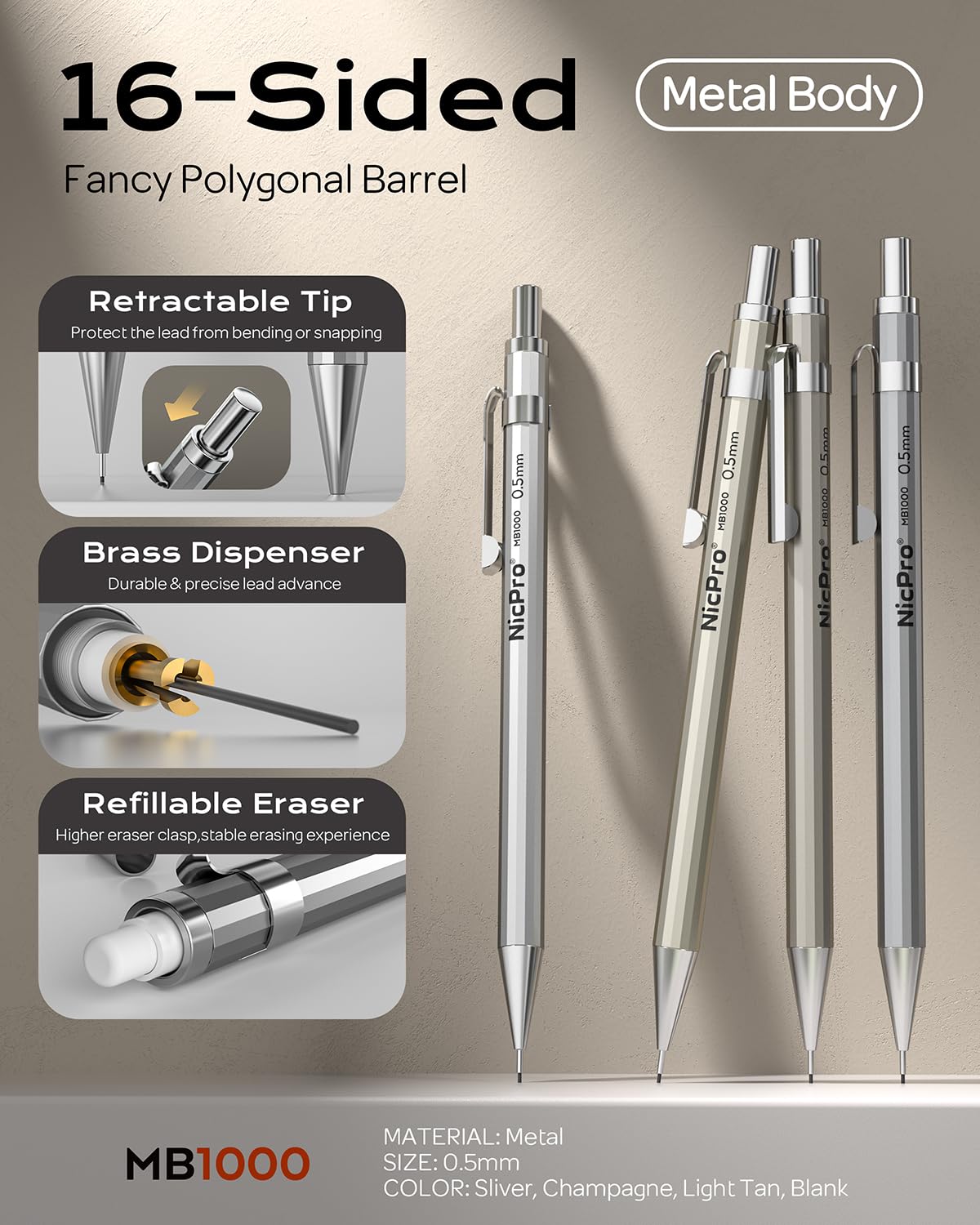 Nicpro 4 Pack Mechanical Pencil 0.7mm with Case, MB1000 Metal Mechanical Pencil Set with 6 Tube HB #2 Lead Refill 0.7 mm, 3PCS 4B Eraser, 9 Cap Eraser for Artist Drafting Writing, Sketching, Drawing