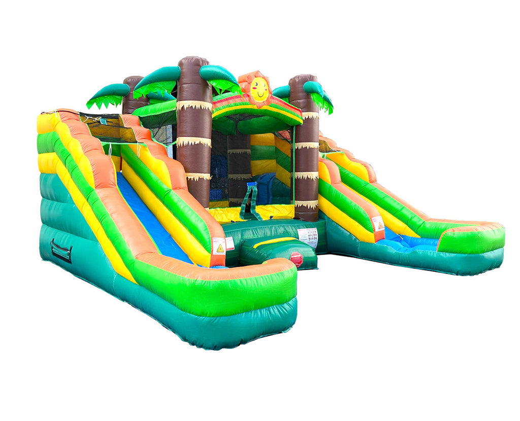 Crossover Tropical Double Water Slide Bounce House Combo, 16.5 x 15 x 11 Foot, PVC Vinyl Inflatable Bouncy House for Kids, Wet or Dry Slides, with Stakes, Storage Bag and 1 HP Blower