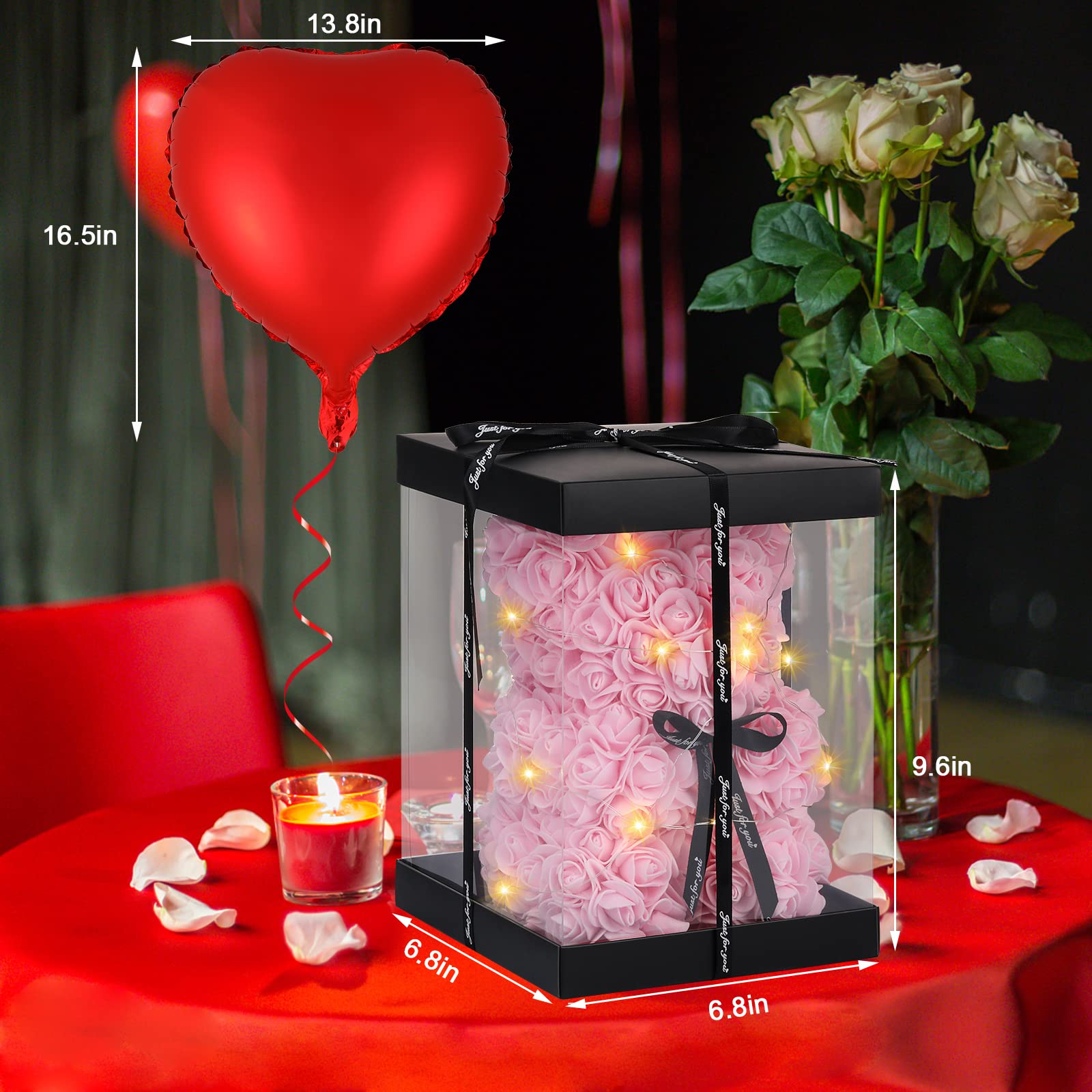 Rose Bear Mother's Day Flower Gifts for Mom Grandma, Rose Teddy Bear with Lights, Cute Teddy Flower Bear, Cute Romantic Present for Wife Girlfriend with Transparent Gift Box and Love Card