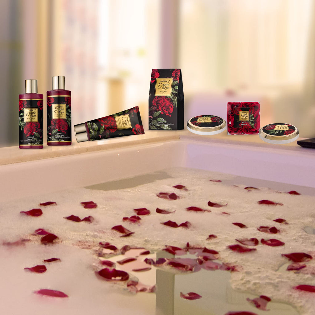 Mothers Day Gifts from Daughter and Son, Spa Bath and Body Gift Set, Exotic Rose Gift Basket for Women & Men, Thank You, Birthday, Mom, Personalized Gifts with Body Scrub, Bubble Bath, Lotion & More