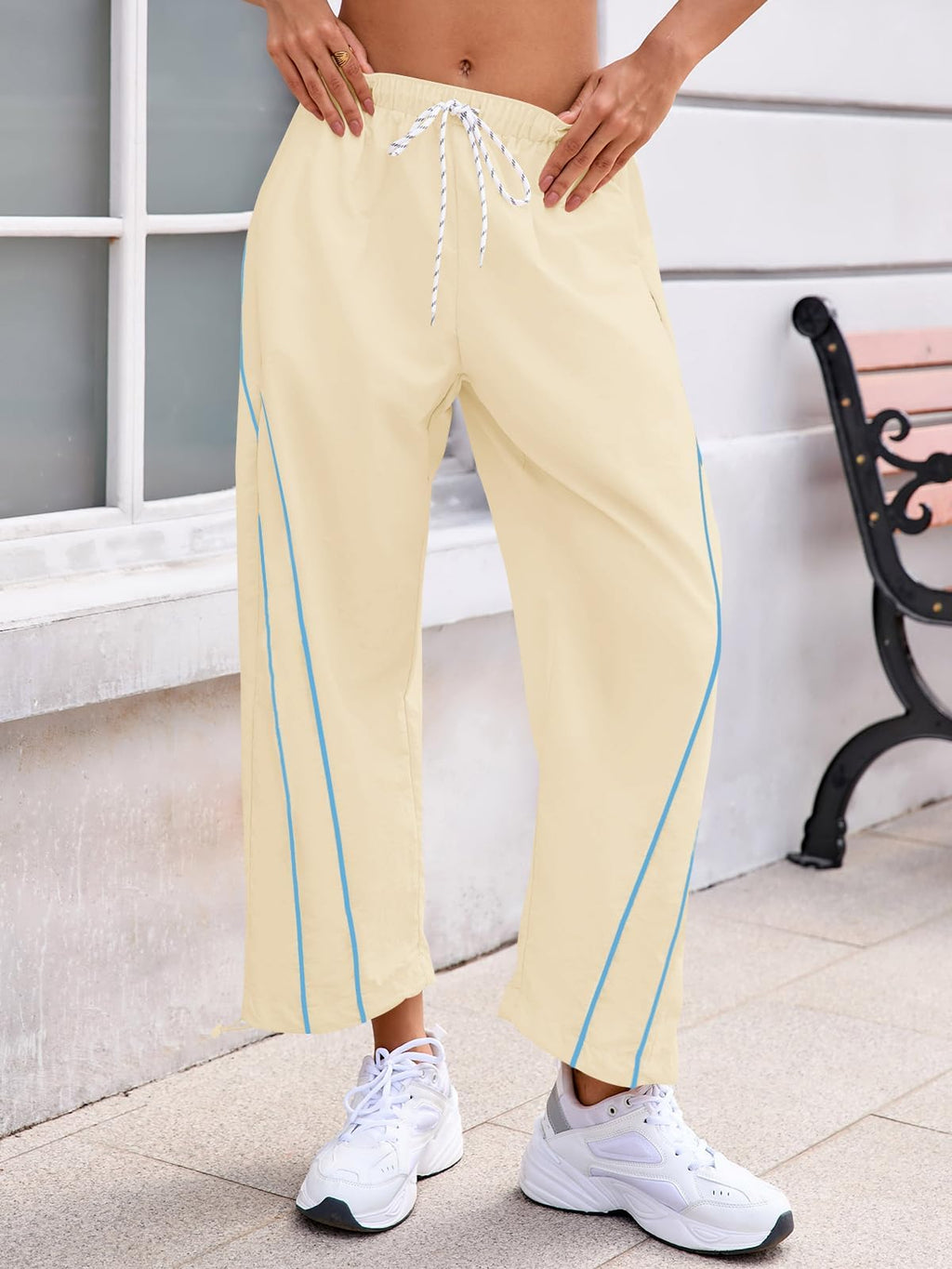Fisoew Womens Baggy Wide Leg Pants Casual Elastic Waist Drawstring Hiking Workout Cropped Pants with Pockets