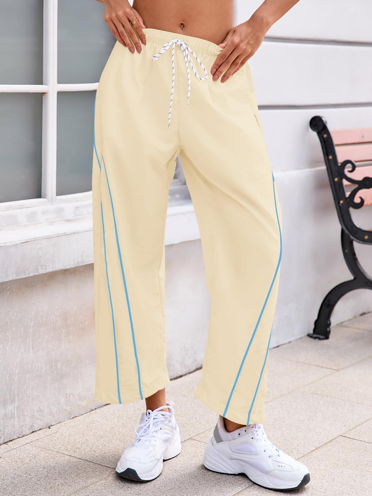 Fisoew Womens Baggy Wide Leg Pants Casual Elastic Waist Drawstring Hiking Workout Cropped Pants with Pockets