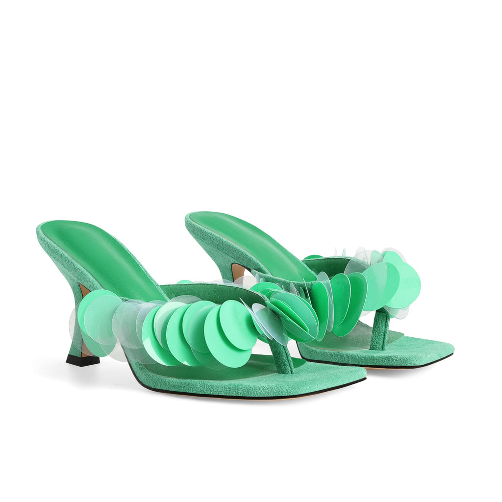 Flip Flop Heels for Women Square Open Strappy Heels Dressy Kitten Heeled Sandals with Plastic Disc Straps Comfortable Slip on Thong Slide
