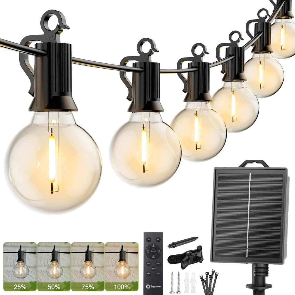 Brightown 58FT Solar String Lights Outdoor with Remote Cable Ties Hooks, 26 LED Shatterproof Bulbs, 3 Light Modes, Dimmer & Timer, Commercial Grade Patio Lights for Yard Balcony Pergola Party Decor