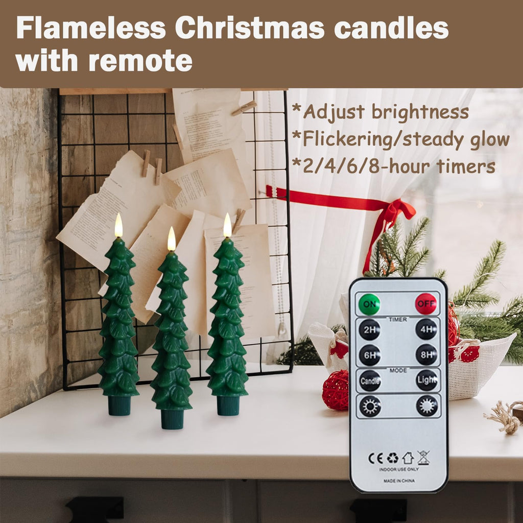 FPOO Christmas Decorations Indoor, 3 PCS Waxy Christmas Tree Candles with Remote Timer, Battery LED Candlesticks for Window, Table Centerpiece, Xmas Decor, Gift (7.5 inches)