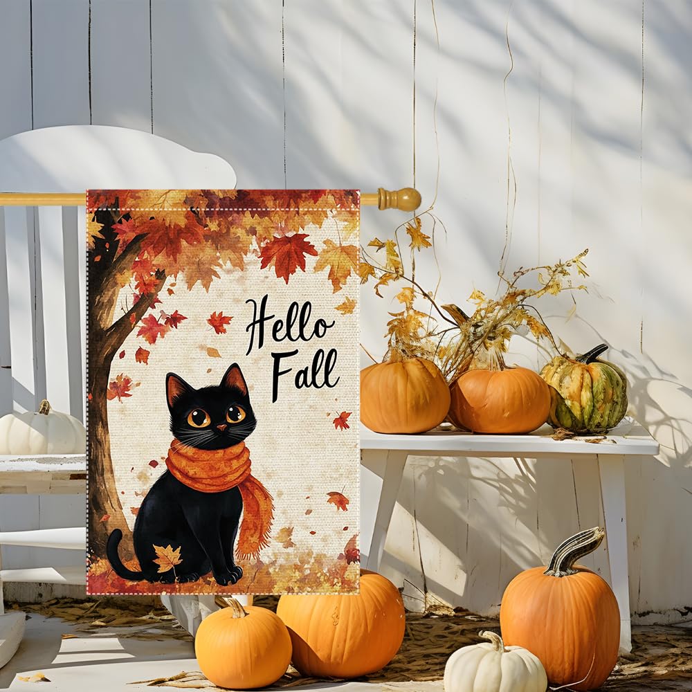 Hello Fall Garden Flag Cat Garden Flags 12x18 Inch Double Sided Vertical Autumn Farmhouse Home Decor Yard Lawn Outdoor Decorations