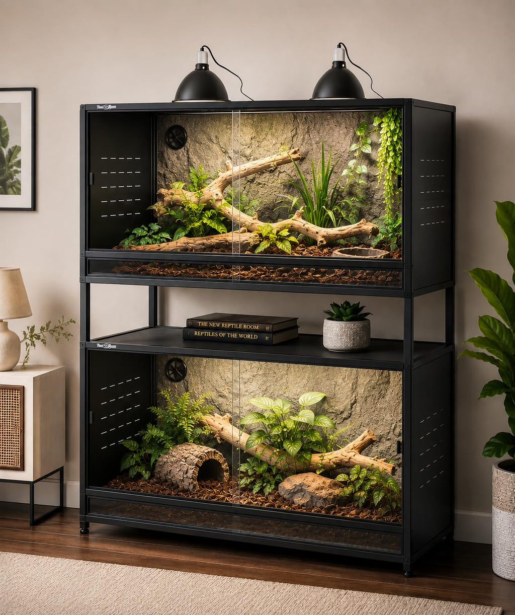 PVC Reptile Enclosure 3 Tier 40"x16"x16" with Spacers, 44 Gallon Reptile Tank Habitat, Space Saving Stackable Reptile Terrarium for Bearded Dragon Gecko Snake Lizard, Sliding Glass Doors Lock