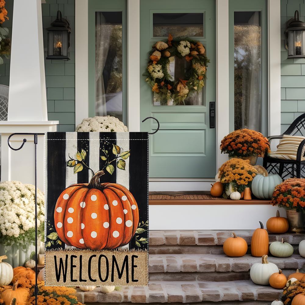 Fall Garden Flag For Outdoor Decor Thanksgiving Garden Flags Autumn Stained Glass Pumpkin Maple Leaf Double Sided Small Burlap Outside Porch Lawn Yard Flags Decorations 12.5x18 Inch