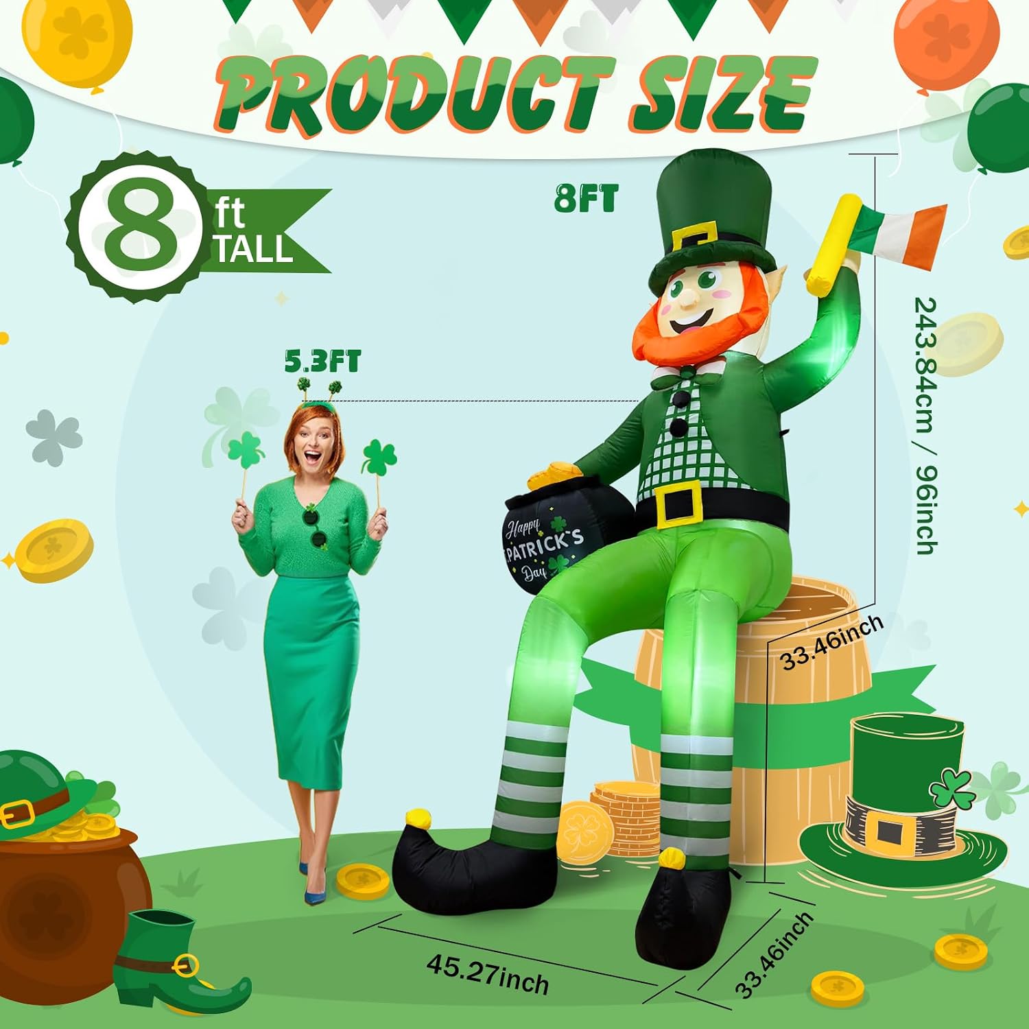 OurWarm 8FT St. Patrick's Day Inflatable Decorations Outdoor, Sitting Leprechaun Inflatable Yard Decorations with LED Lights, Blow Up Leprechaun Decoration for Roof Yard Lawn Holiday Decorations