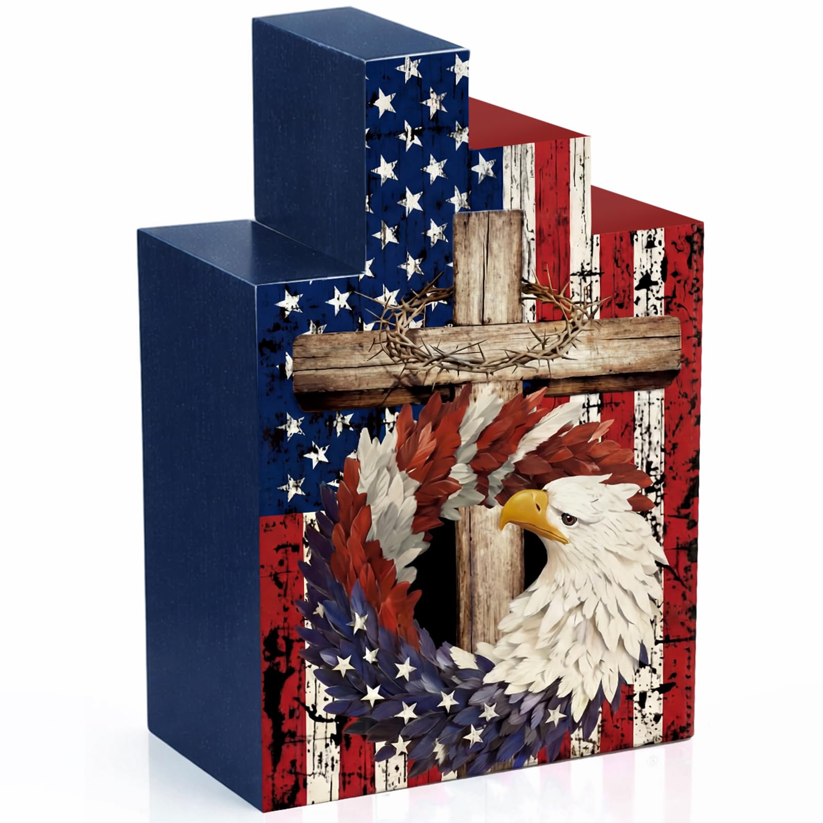 Amyhill 3 Pcs 4th of July Decorations Set Wooden Patriotic Table Centerpieces Independence Day Wood Firework Fourth of July Table Signs for 250th Anniversary Home Farmhouse Decor (Flag)