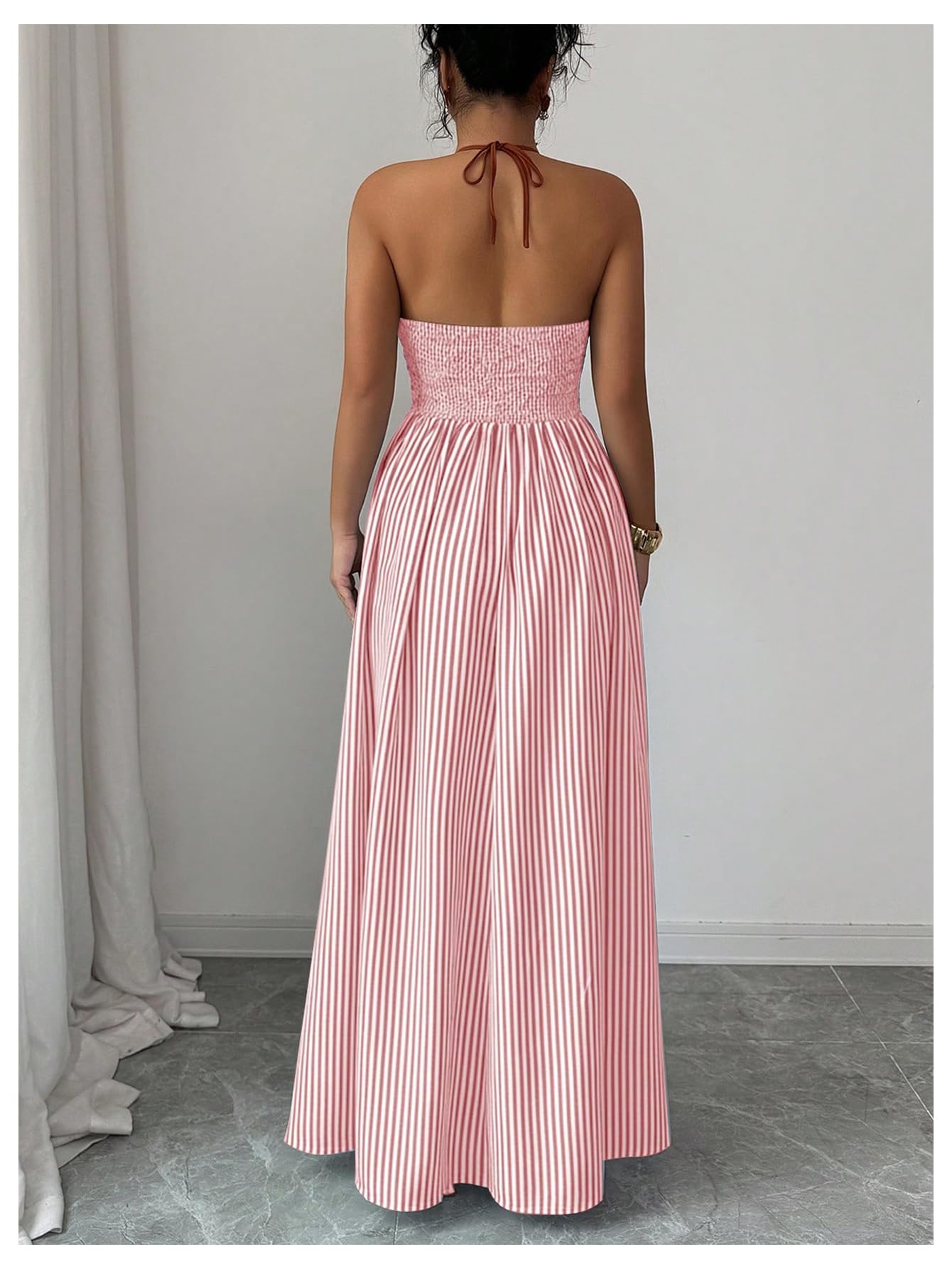 Floerns Women's Striped Halter Maxi Dress Backless Smocked Beach Vacation Boho Dress