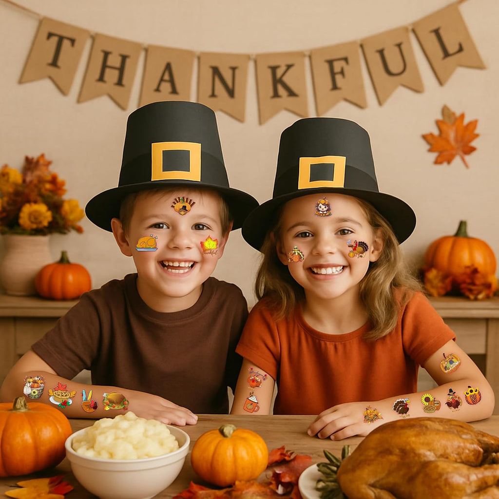 96 PCS Funny Happy Thanksgiving Food Pre-cut Temporary Tattoos Stickers Fall Autumn Birthday Party Decorations Supplies Favors Decor Cute Pumpkin Turkeys Dinner Tattoo Gifts Boys Girls Prizes Holiday