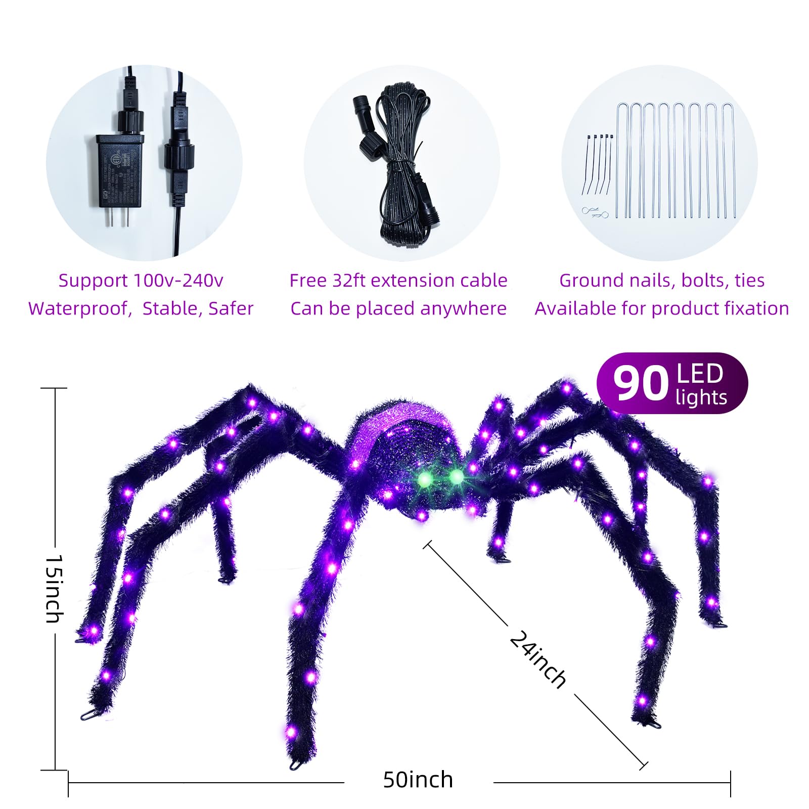 Halloween Decorations Outside Giant Spider - HOYECHI Outdoor Halloween Decor Lighted Spider 4.2FT, Light Up Spider with 90 LED Lights, Ground Stakes, for Front Yard Porch Gardens Lawns Party