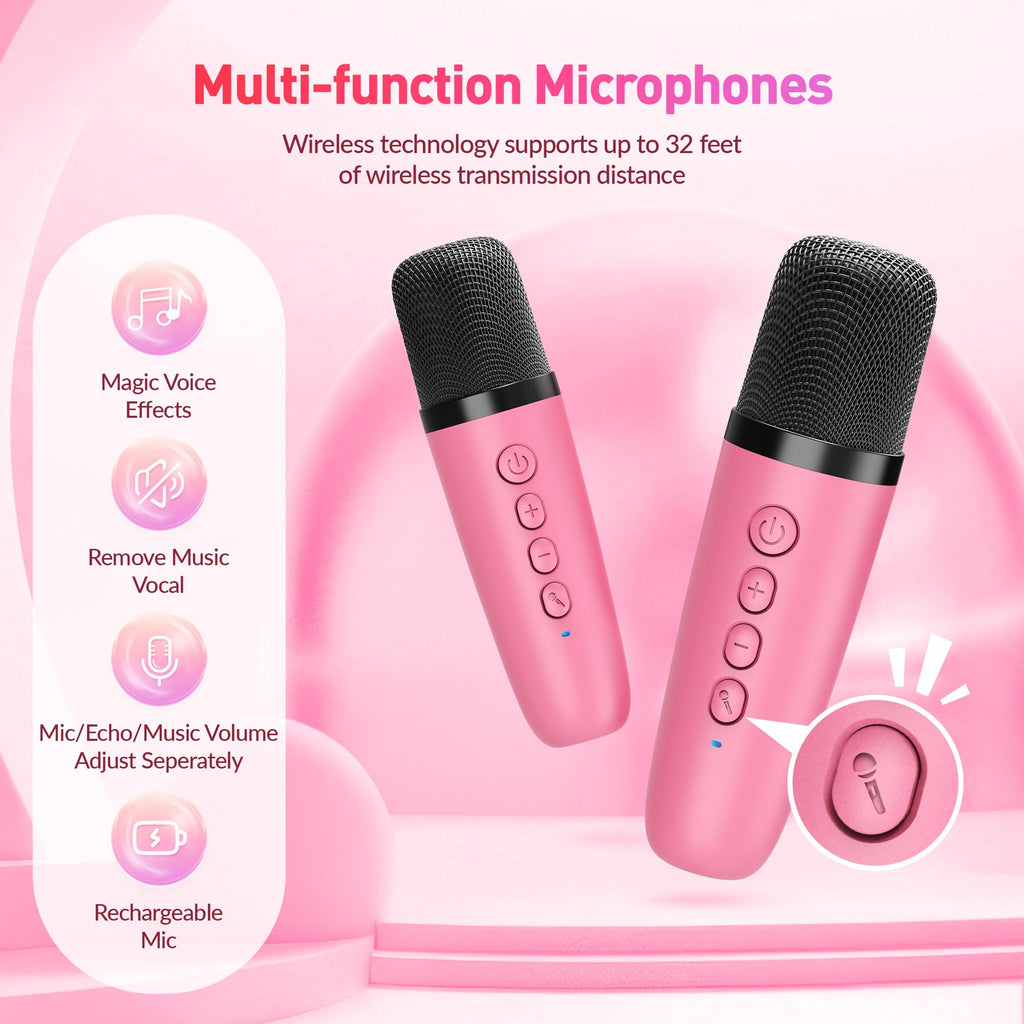 Mini Karaoke Machine, Portable Bluetooth Karaoke Speaker with 2 Wireless Microphones and Party Lights for Kids and Adults, Birthday Gifts for Girls Boys Family Home Party
