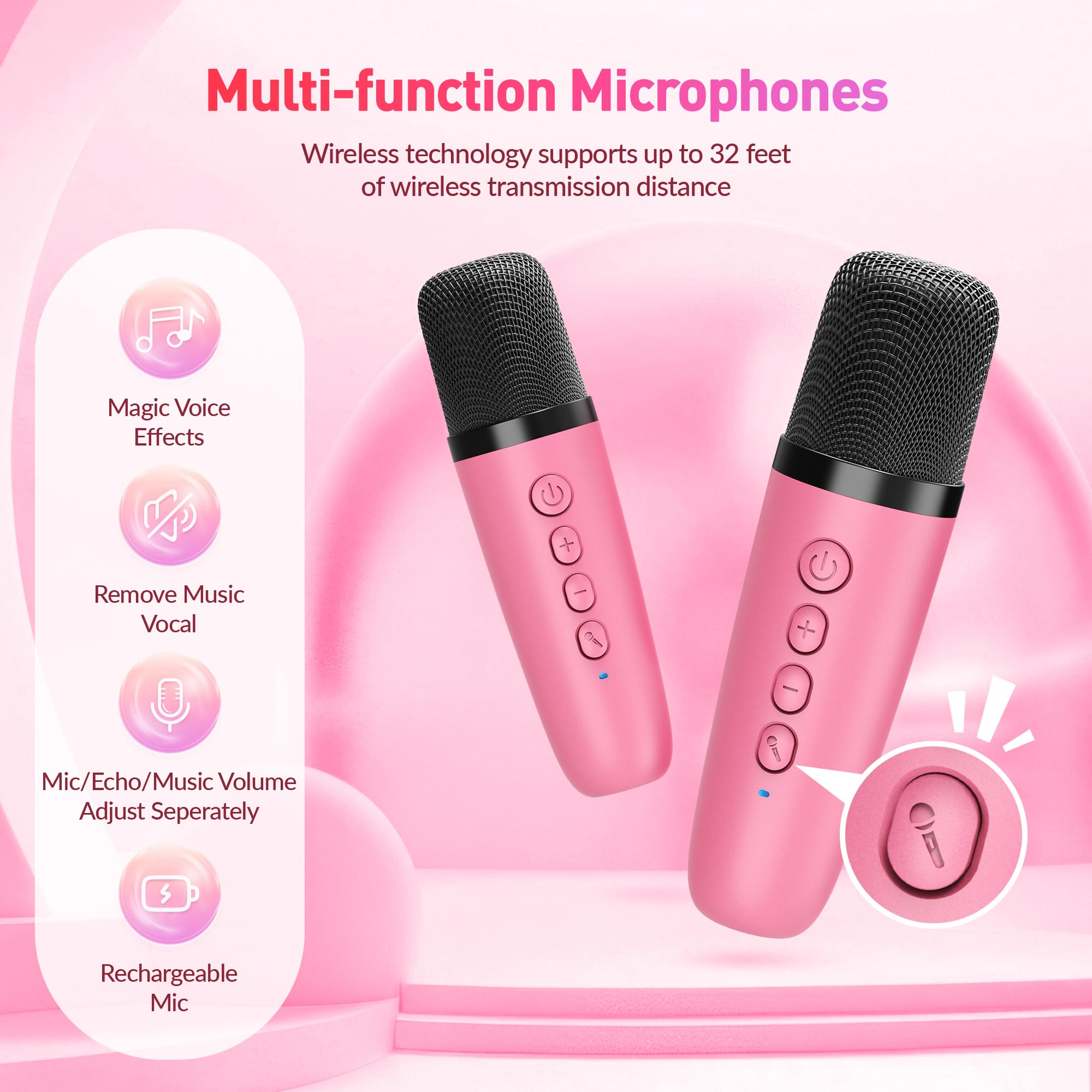 Mini Karaoke Machine, Portable Bluetooth Karaoke Speaker with 2 Wireless Microphones and Party Lights for Kids and Adults, Birthday Gifts for Girls Boys Family Home Party