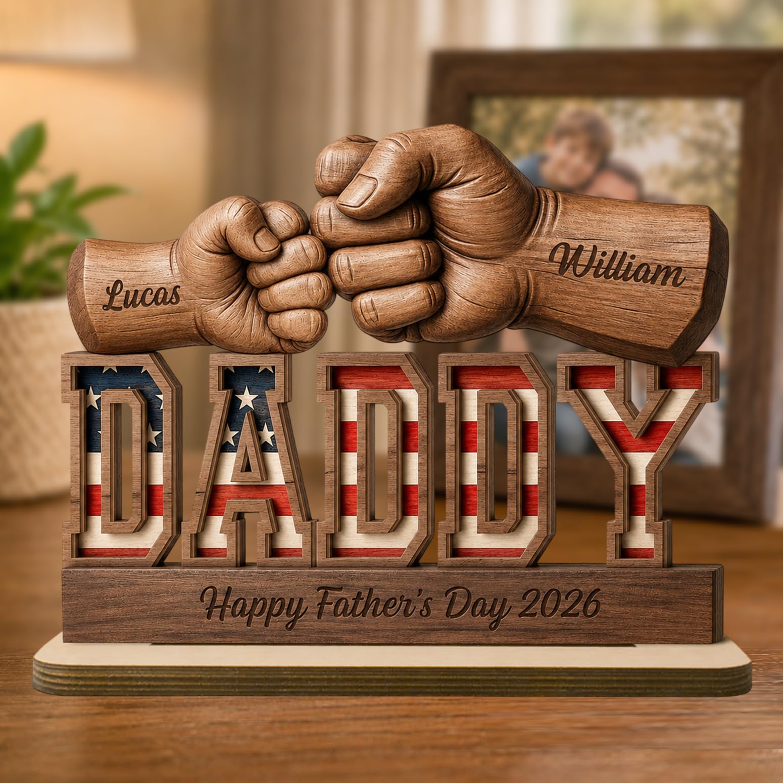 Personalized Fist Bump Dad and Kids Name Wooden Plaque, Custom Fathers Day Plaque for Dad Grandpa, Customized Sign Decorations for Daddy, Grandpa, Heartfelt Father's Day Birthday Gifts for Husband