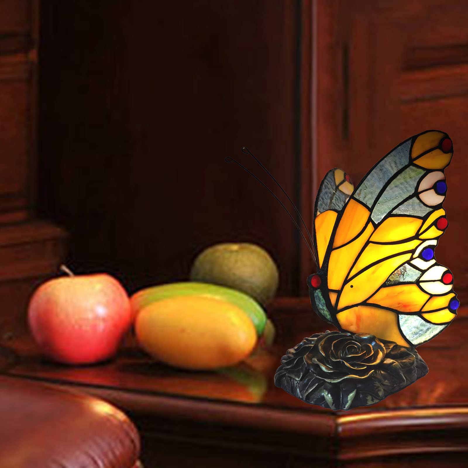 Bedside Table Lamp LED Tiffany Blue Fairy Butterfly Nightstand Table Lamps Stained Glass Shade ON Off Switch Home Office Desk Lamp Night Light Girl Grandma Mothers Day Gifts W/Gift Box