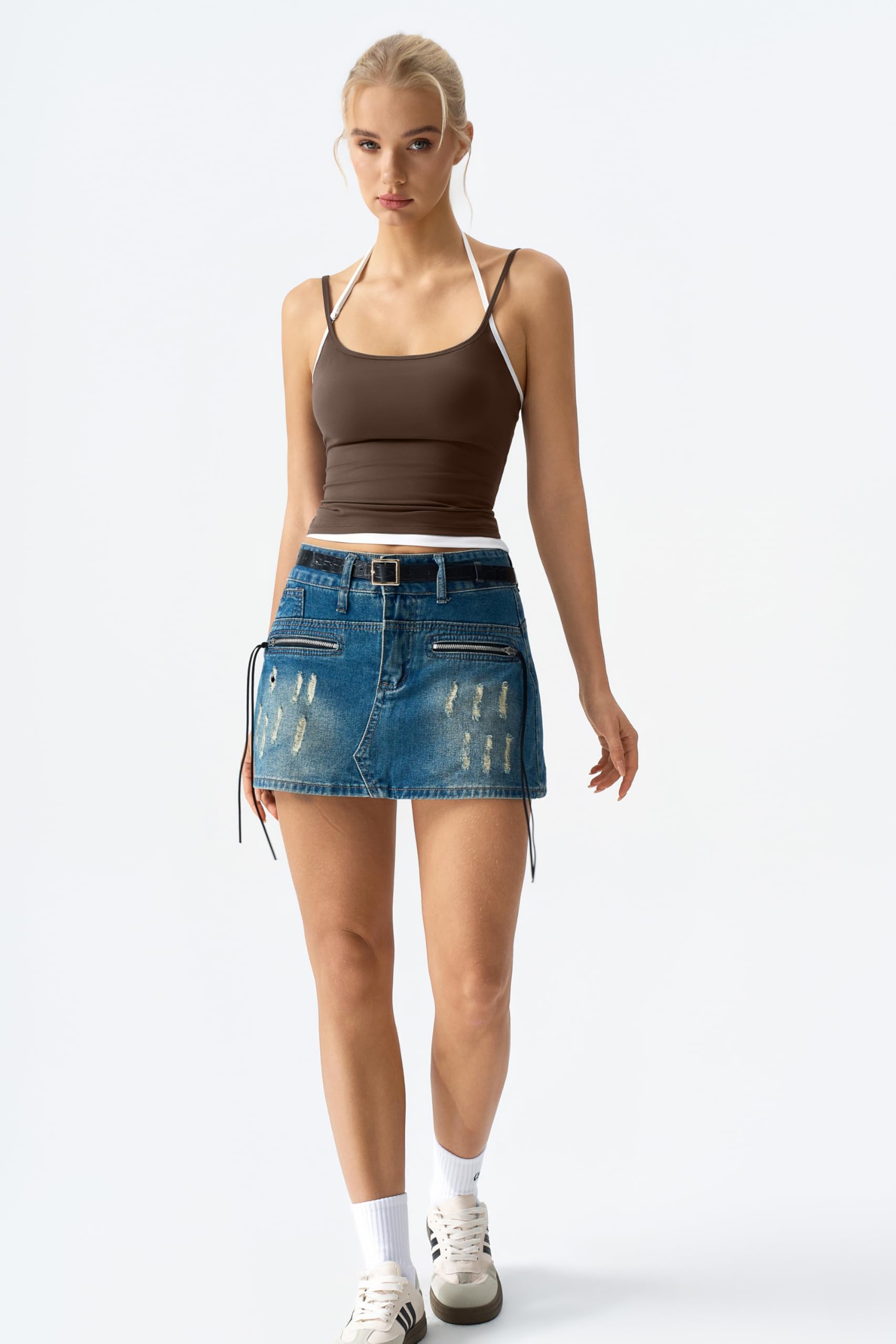 QINSEN Women's Spaghetti Strap Tank Top Slim Fitting Layered Halter Neck Sleeveless Crop Cami Shirt