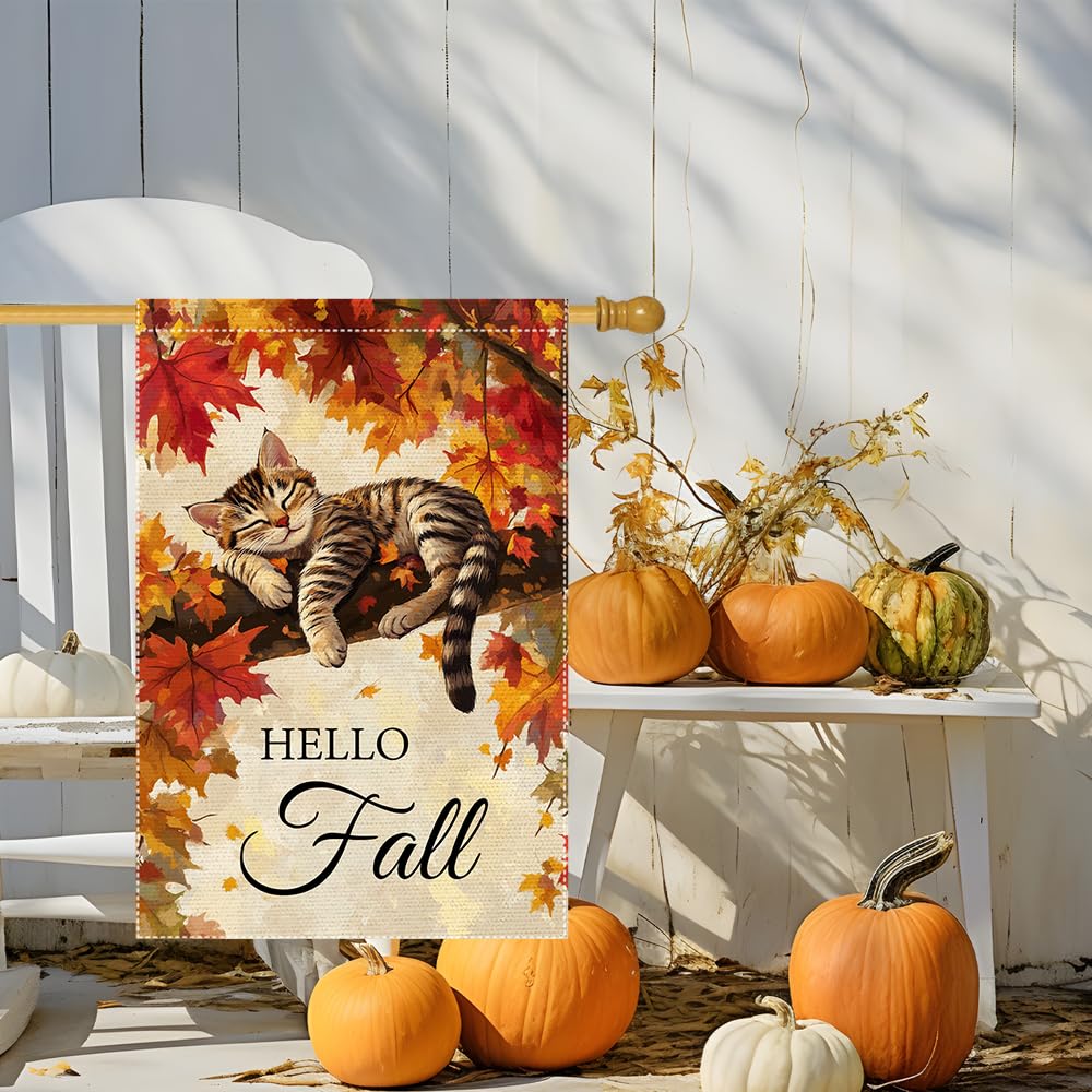 Hello Fall Garden Flag Cat Garden Flags 12x18 Inch Double Sided Vertical Autumn Farmhouse Home Decor Yard Lawn Outdoor Decorations