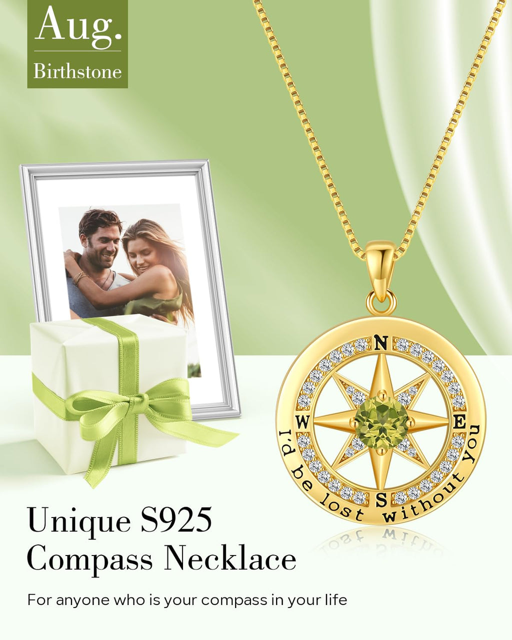 S925 Necklace Gift for Wife |Compass Jewelry |Women Anniversary |Sterling Silver |Girlfriend Birthday Gifts for Her Valentines |I'd be Lost without You |Jewel 18K Gold