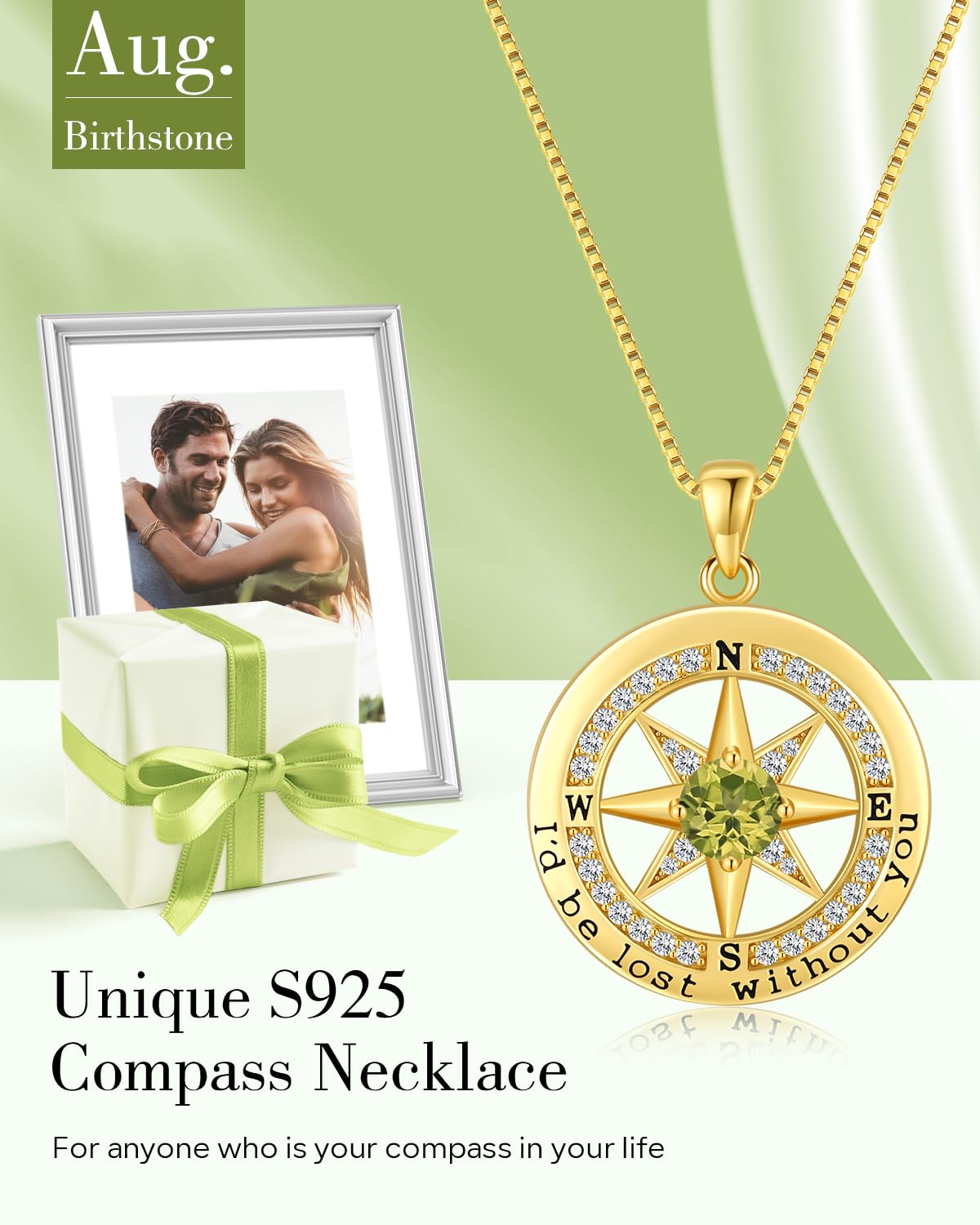 S925 Necklace Gift for Wife |Compass Jewelry |Women Anniversary |Sterling Silver |Girlfriend Birthday Gifts for Her Valentines |I'd be Lost without You |Jewel 18K Gold
