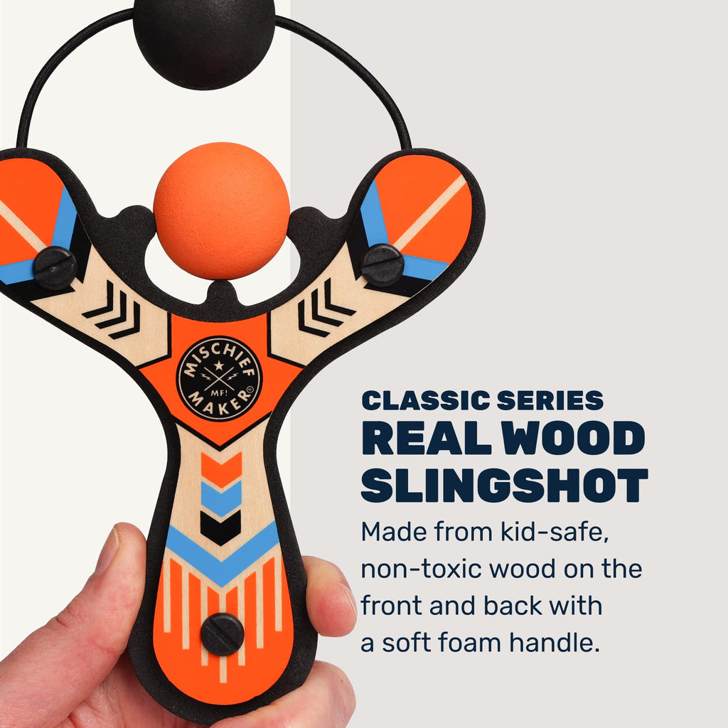 Mighty Fun! - Mischief Maker® Wooden Slingshot - Classic Series - Real Wood Slingshot for Kids, 4 Soft Foam Balls and Storage Bag - Ages 4+ (red)
