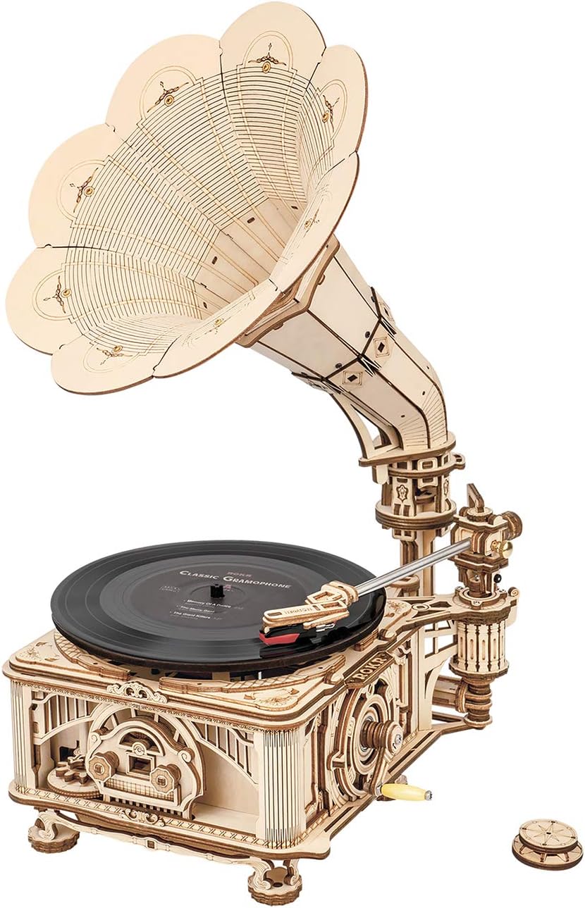 RoWood 3D Wooden Puzzle Music Record Player, Classical Mechanical Model Kit to Build, Best Gift for Adults - Gramophone