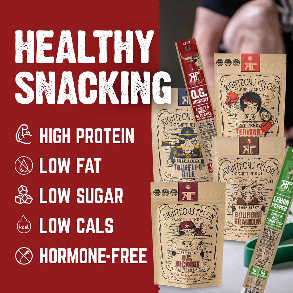 Righteous Felon Beef Jerky & Meat Sticks Variety Pack - Father's Day Jerky Sampler for Dad - Gluten Free Beef Jerky Snack Packs - High Protein, Keto, Low Sugar - Gifts for Men - 11 Pack Sampler