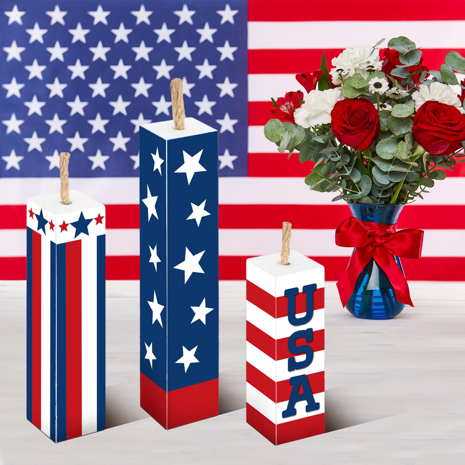 Amyhill 3 Pcs 4th of July Decorations Set Wooden Patriotic Table Centerpieces Independence Day Wood Firework Fourth of July Table Signs for 250th Anniversary Home Farmhouse Decor (Flag)