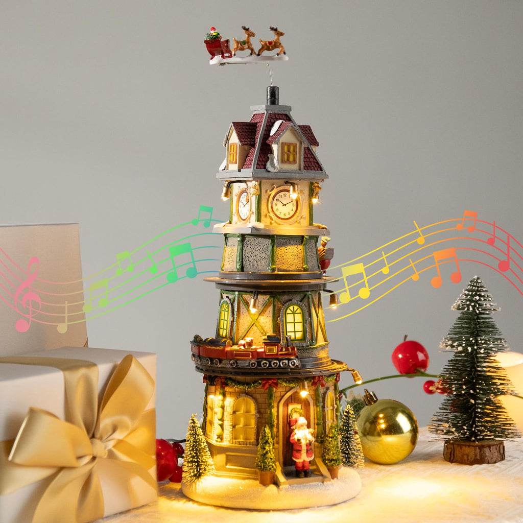Christmas Village House Musical Christmas Collectible Buildings Church Train Snowman Children Skating with LED Lights Vacation Village with USB Indoor Figurines Indoor Tabletop Decoration