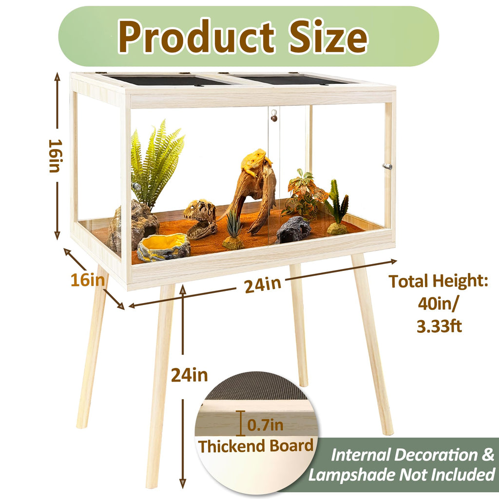 PROLEE Reptile Enclosure with Leg, 35 Gallons Bearded Dragon Tank, Tempered Glass Lizard Tank with Metal Mesh Tops and Lockable Door, Spacious Reptile Habitat for Snake,Lizard (Oak)