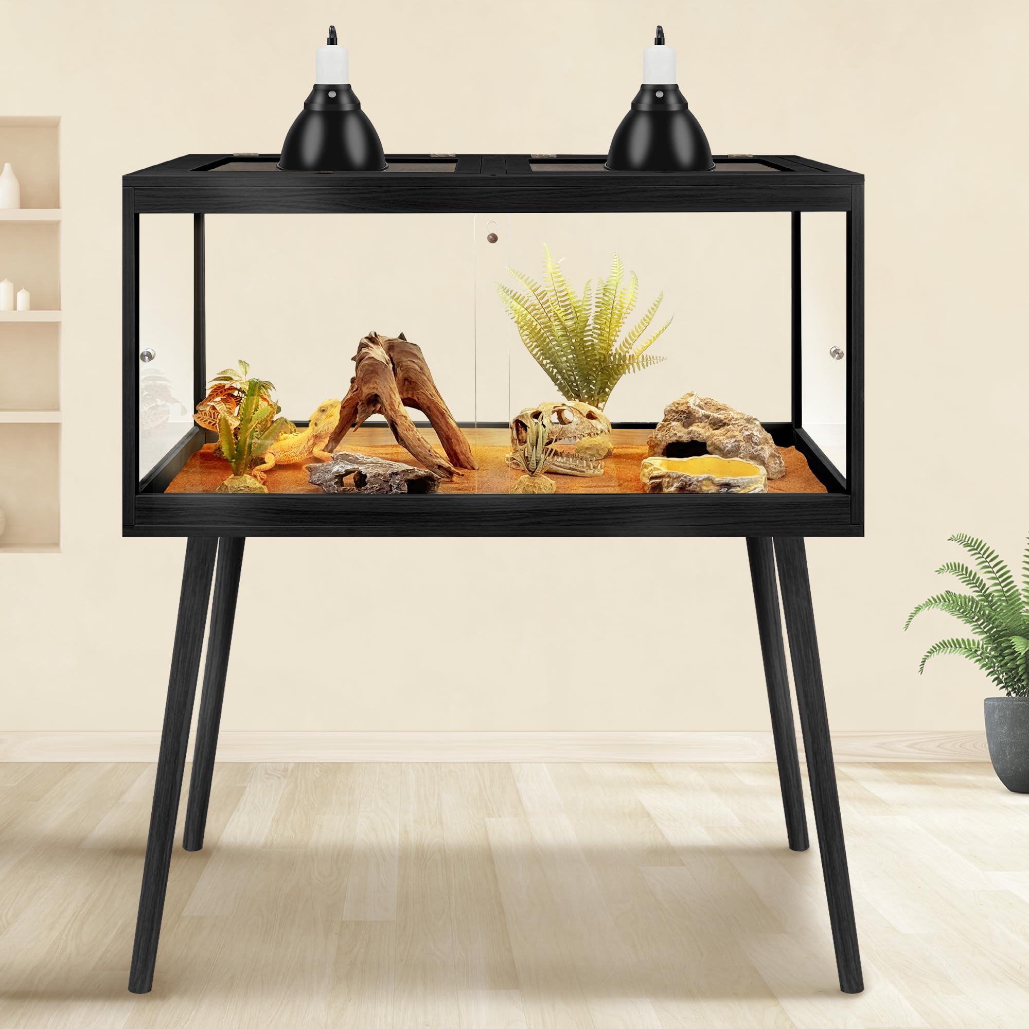 PROLEE Reptile Enclosure with Leg, 35 Gallons Bearded Dragon Tank, Tempered Glass Lizard Tank with Metal Mesh Tops and Lockable Door, Spacious Reptile Habitat for Snake,Lizard (Oak)
