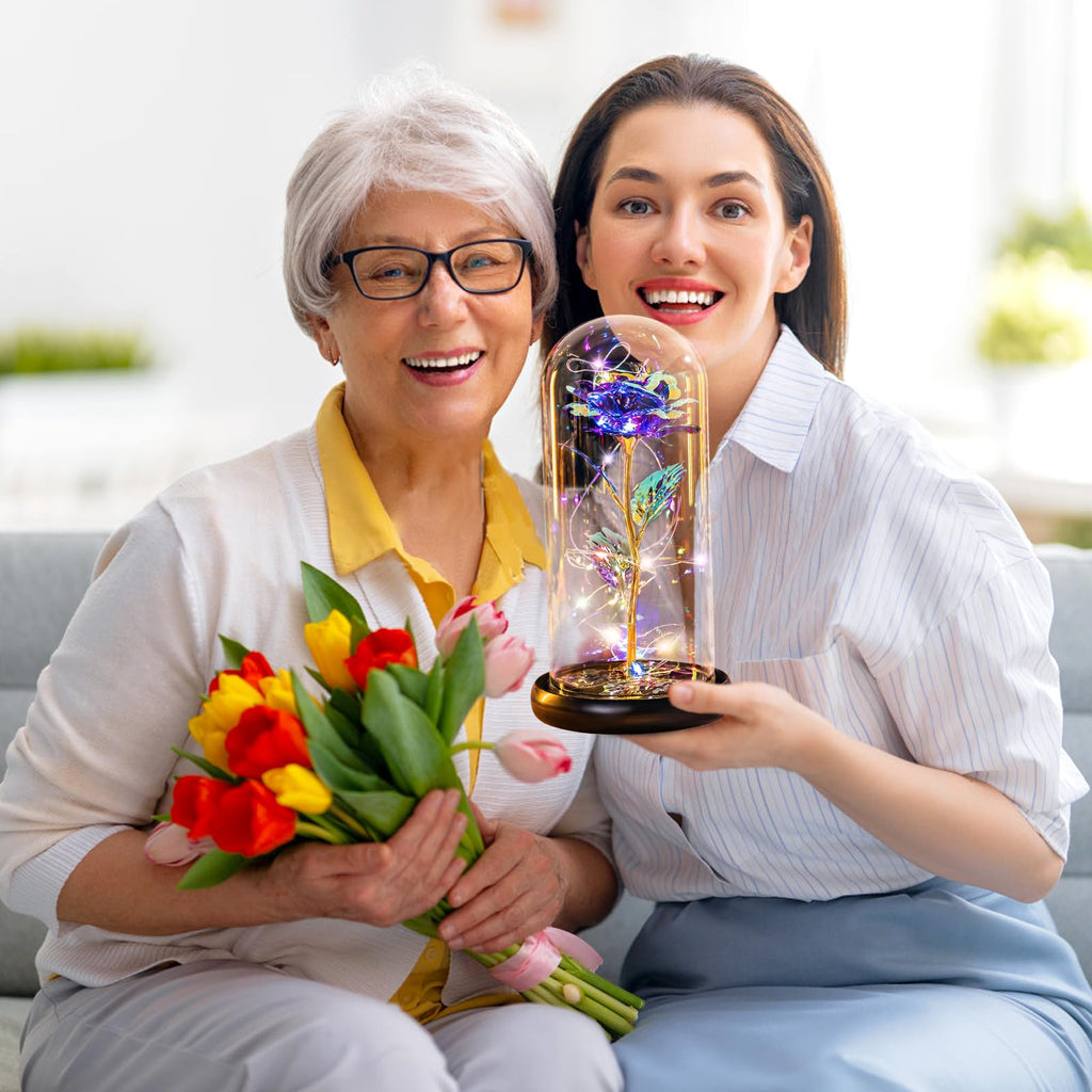 Pusuny Mothers Day Flowers Gifts for Mom Women Birthday Gift Galaxy Glass Rose Forever Eternal Crystal Flowers Rose in Glass Dome with Butterfly Mother's Day Roses Gifts for Mom Daughter Wife Purple