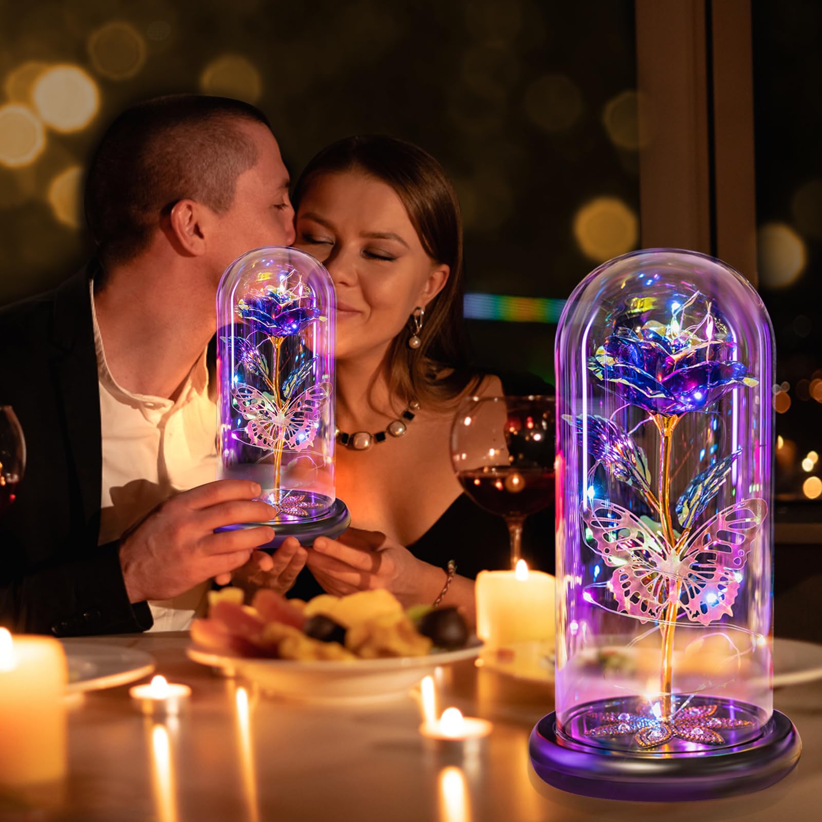 Pusuny Mothers Day Flowers Gifts for Mom Women Birthday Gift Galaxy Glass Rose Forever Eternal Crystal Flowers Rose in Glass Dome with Butterfly Mother's Day Roses Gifts for Mom Daughter Wife Purple