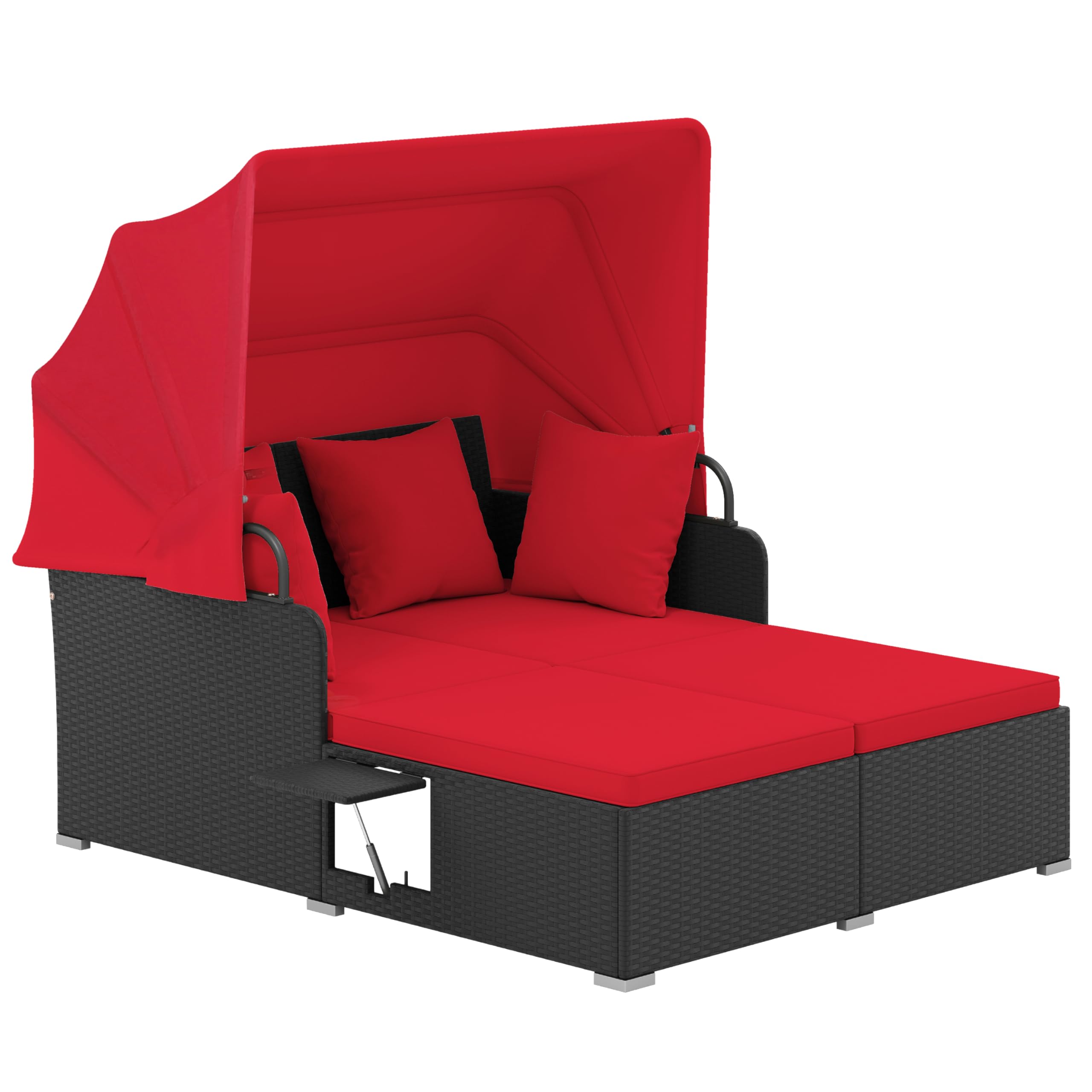 Tangkula Patio Rattan Daybed with Retractable Canopy, Outdoor Wicker Sunbed Lounger with 2 Foldable Side Tables, Thick Seat & Back Cushions, Outside Double Daybed for Garden, Backyard, Porch