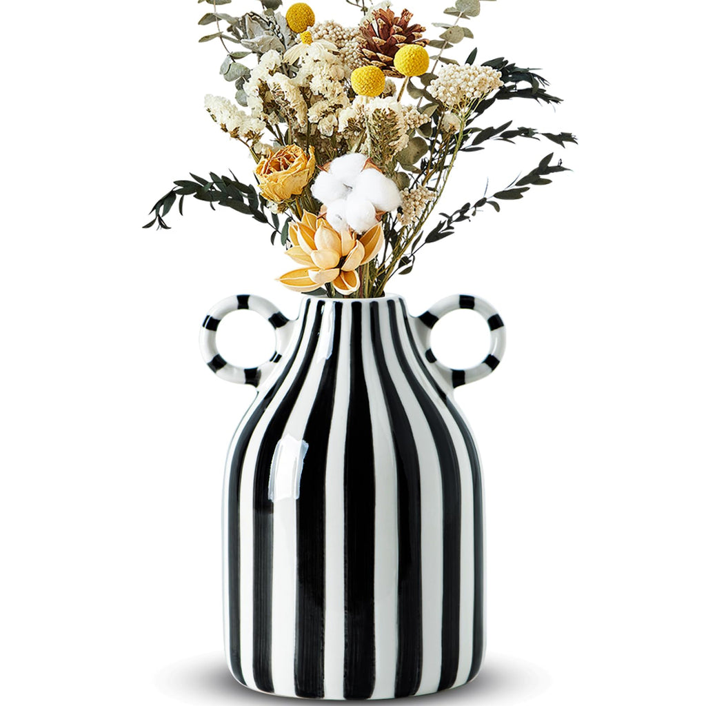LCCCK Red and White Ceramic Vase, Mid Century Modern Striped Small Vases for Flower&Pampas Grass Centerpiece, Red White Checkered Vase for Dining Table Kitchen Tabletop Minimalist Decorative