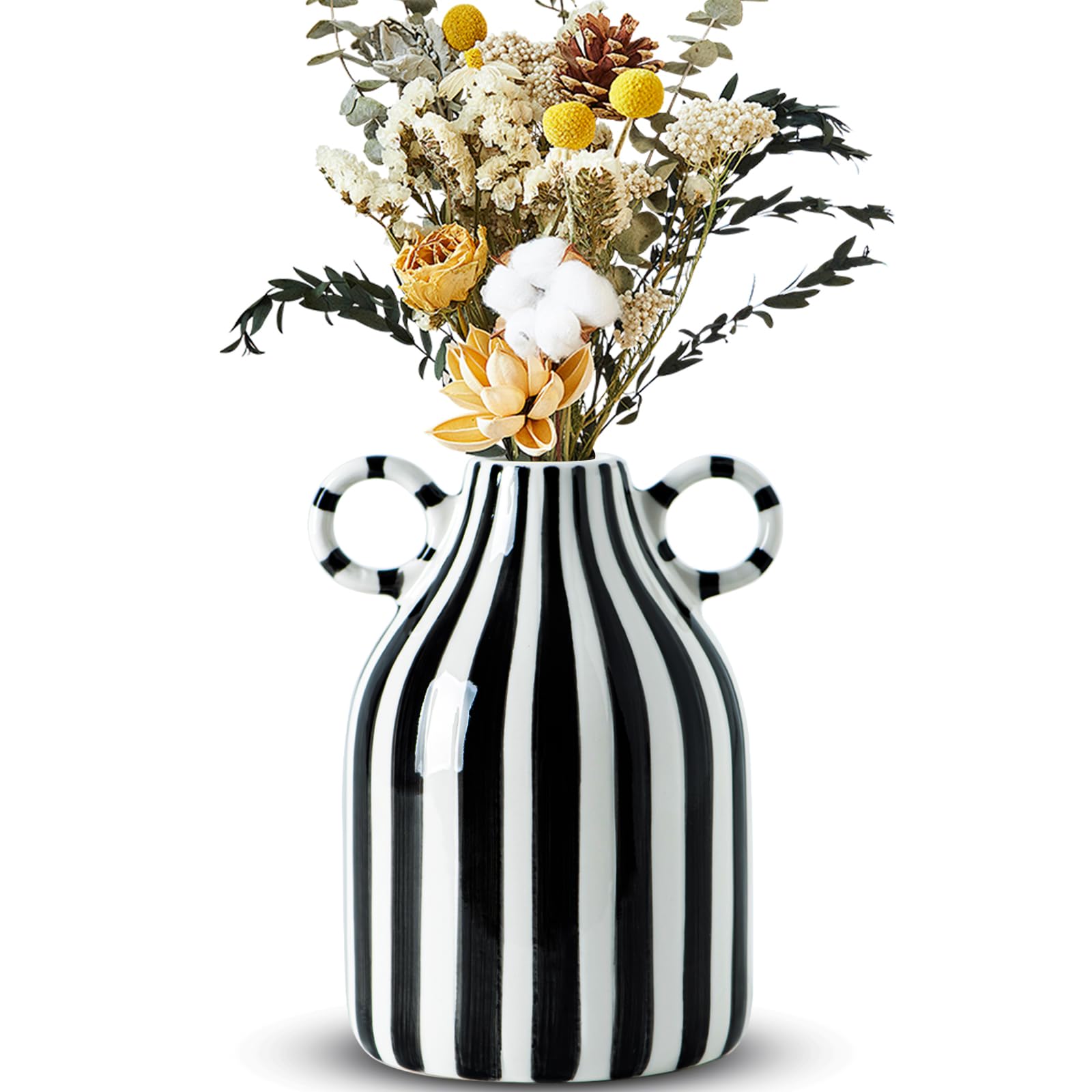 LCCCK Red and White Ceramic Vase, Mid Century Modern Striped Small Vases for Flower&Pampas Grass Centerpiece, Red White Checkered Vase for Dining Table Kitchen Tabletop Minimalist Decorative
